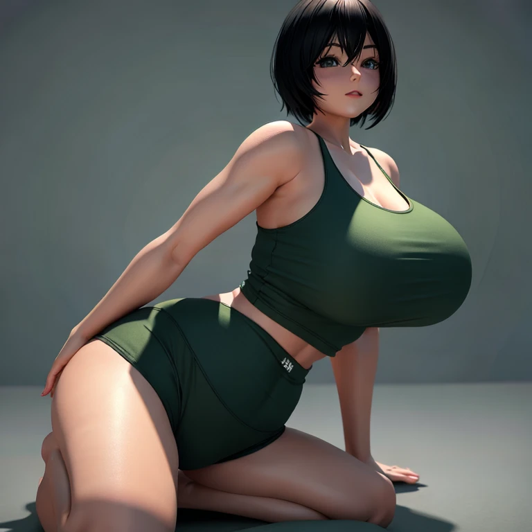 there is a woman in a green tank top and black shorts, whole body highly detailed, realistic shaded perfect body, highly detailed full body, full body portrait of a short!, pretty face with arms and legs, render of a cute 3d anime girl, highly detailed character, oppai proportions, in clothes! highly detailed, realistically proportioned body, thicc