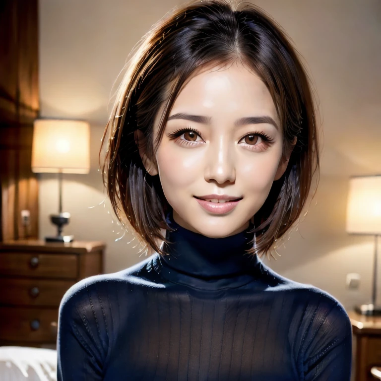 (8k, RAW Photos, highest quality, masterpiece, Realistic, Realistic), (1 female), (Ultimate beauty), Highly detailed face, (Perfect Teeth), Beautiful Eyes, double eyelid, eyelash, smile, Lip details, Brunette Bob, The light shines on your face, Big Breasts, ((Blue turtleneck sweater)), ((Upper Body)), (background: My Room), ((Written boundary depth))