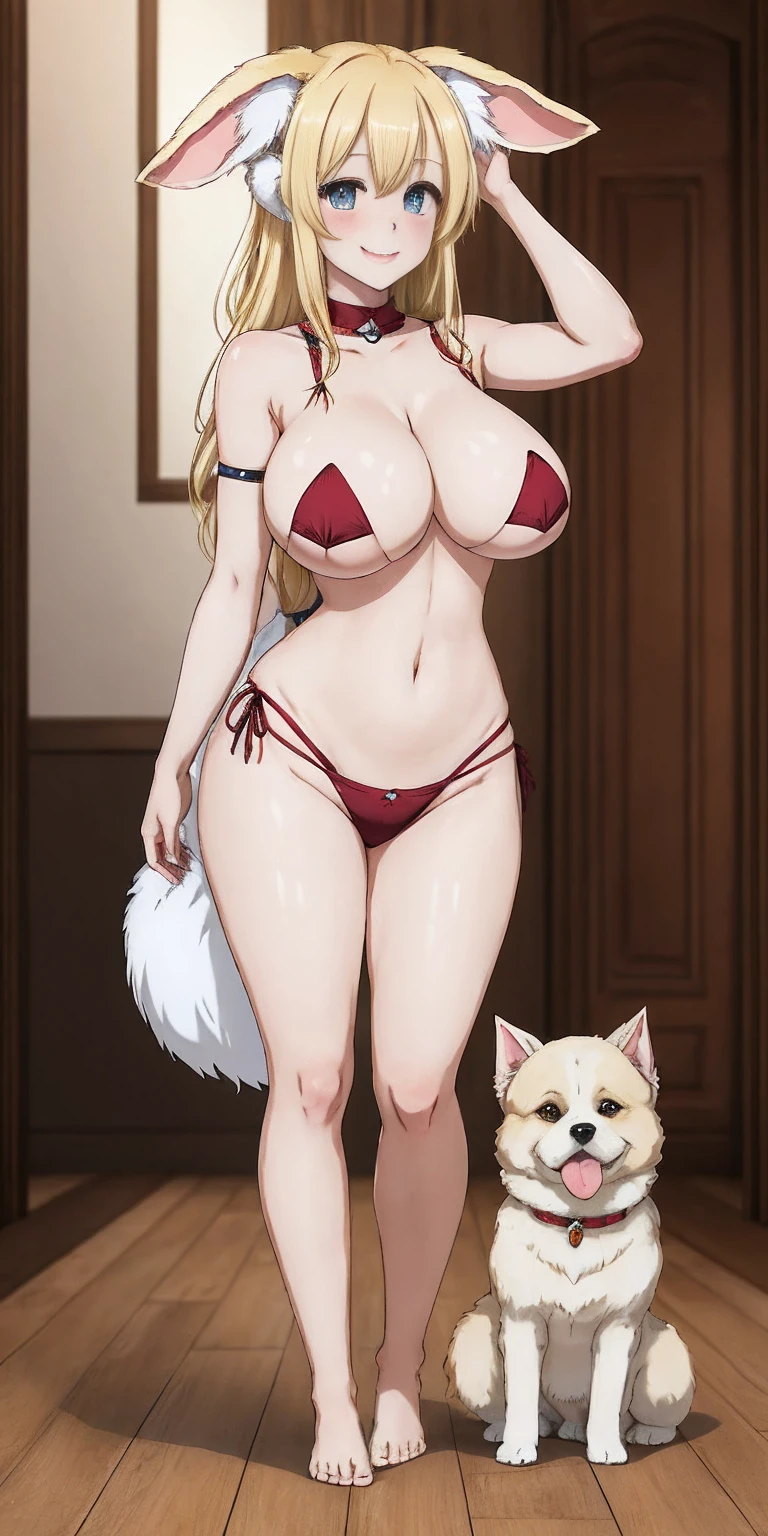 Roxanne Demin kin 1girl, solo, breasts, large breasts, Body position: Standing, straight, symmetrical, barefoot, Lustful smile on face with red blush, fluffy ears, dog ears, blonde hair