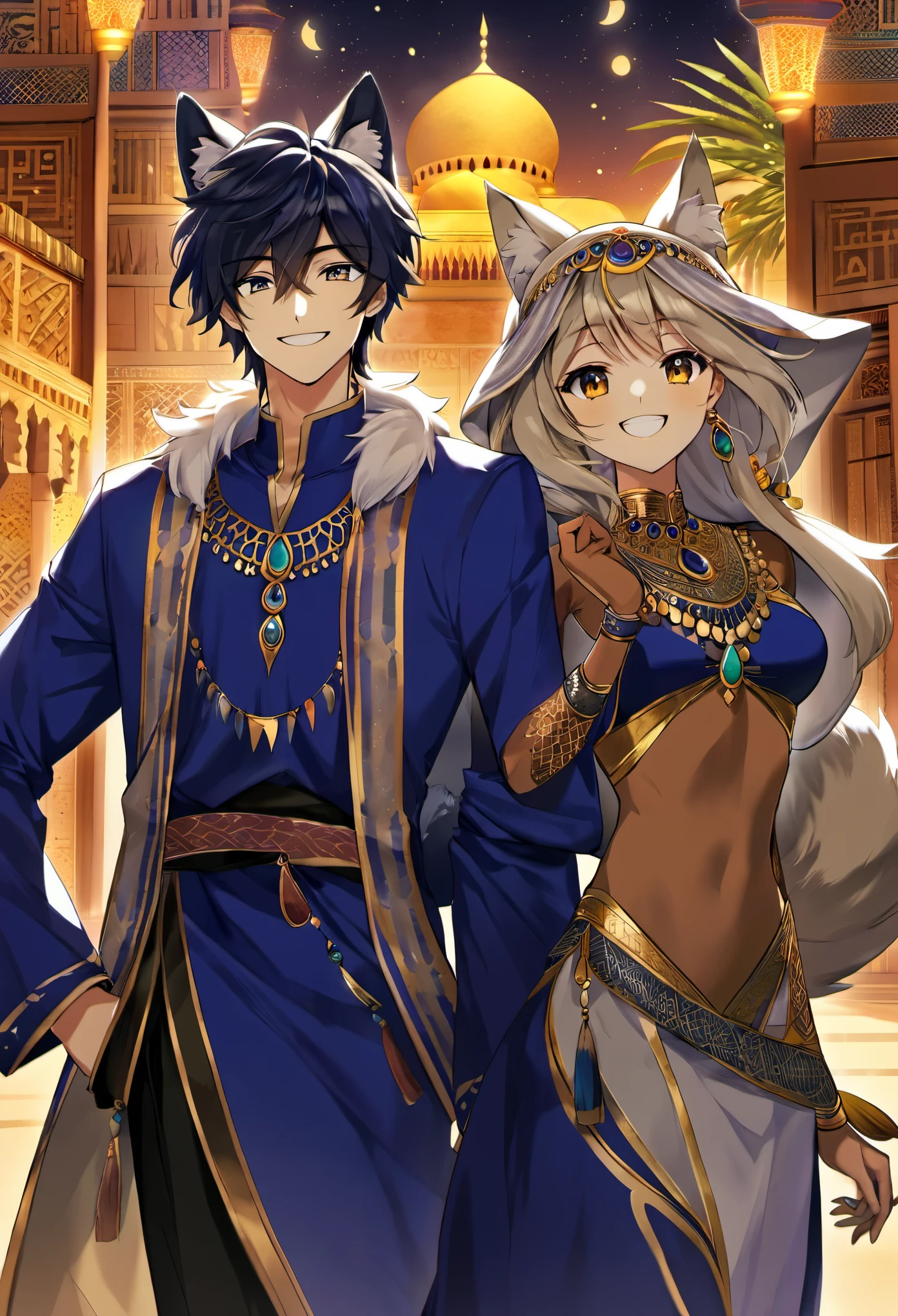doujinshi cover_page, highres, top quality, best quality, paid reward available, unparalleled masterpiece, perfect artwork, absurdres, High-quality illustrations, super high resolution, detailed background, perfect anatomy(1girl, 1boy, couple, kemono, furry anthro, fearless smile, Arab national costume)The Arabian Nights, Alf Laylah wa Laylah,