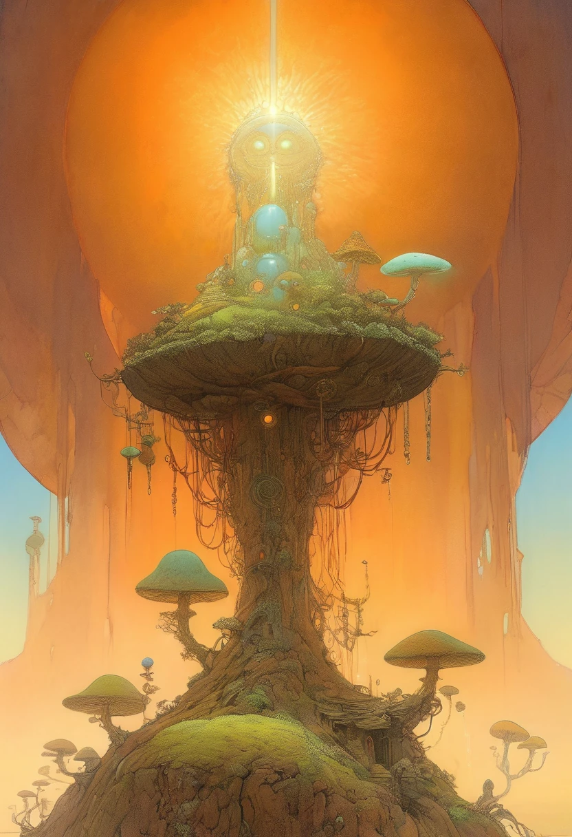 (best quality,4k,8k,highres,masterpiece:1.2),ultra-detailed,(realistic,photorealistic,photo-realistic:1.37),golem, made of bronze, alchemy, hermeticism,ancient,weathered stone,meticulously carved,tangled vines,dark forest,exquisite fungi,small magical creatures,kodama, small forest spirits,dappled sunlight,shadows and light,subtle gradients,rich earthy colors,concept art inspired by Jean Giraud Moebius,ethereal glow,elaborate inscriptions,symbols of mystery and alchemy,mystical fog,solemn expression,eyes glowing with orange light,(steampunk accents),gear-shaped designs,magic emanating from its core,protective guardian,imposing stature,ominous aura,secrets of the universe,harnessing the power of nature,ancient wisdom emerging from nature's embrace,transcendence of life and death,magical aura radiating from within., Yoshitaka Amano style