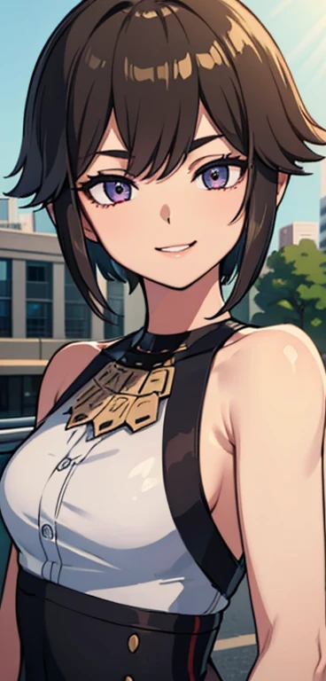 RAW photos, camera gaze, ((top quality, 8k, masterpiece: 1.3)), sharp focus: 1.2, white shirt, pretty features, best smile, cute smile, beautiful woman in perfect style: 1.4, slender abs: 1.2, dark brown hair, (natural light, city street: 1.1), highly detailed face and skin texture, detailed eyes, double eyelids