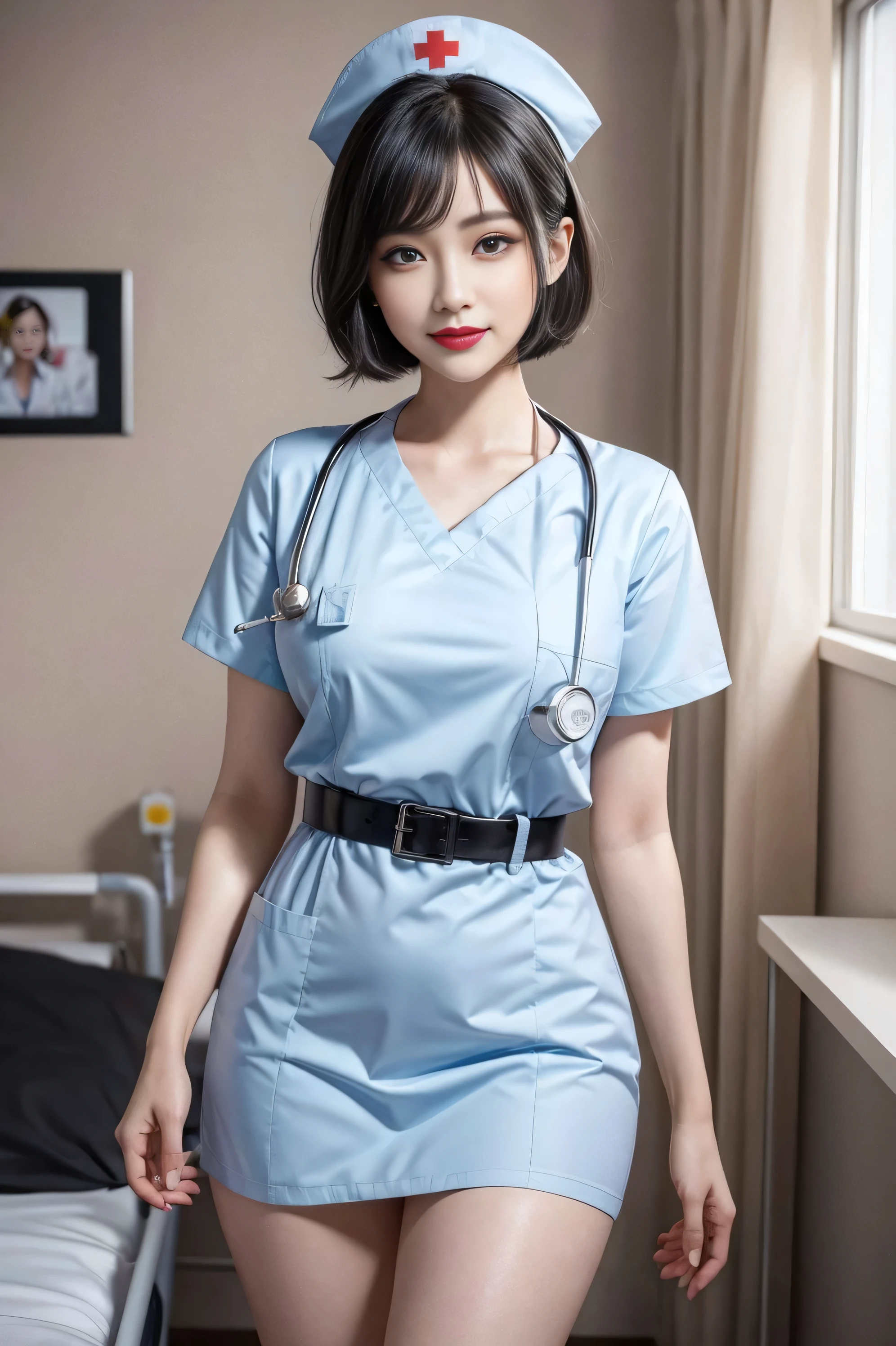 (1 Ultimate Beauty Nurse)、{{{masterpiece}}}, {ohohohoh, oh, really:1.2}, best quality, official art, Highly detailed CG Unity 8K background screen, Very rich facial detail.、delicate lips、delicate eyes、double eyelid、((black bob hair))、(nurse:1.3)、(Attractive figure)、(giant)、((Open your mouth and smile: 1.8, smile cutely: 1.8)), alone, short hair detail, Energetic smile, blue eyes,with your eyes_Tokar, {beautiful details, gradient eyes}, red lips,femur, femur, femur, perfect fit, Perfect Image Realism, background: (hospital room:1.2), cow boy shooting, detailed background, detailed clothing, perfect lighting、surreal、(realism:1.4)、8K maximum resolution, (masterpiece), The contents are very detailed., professional,