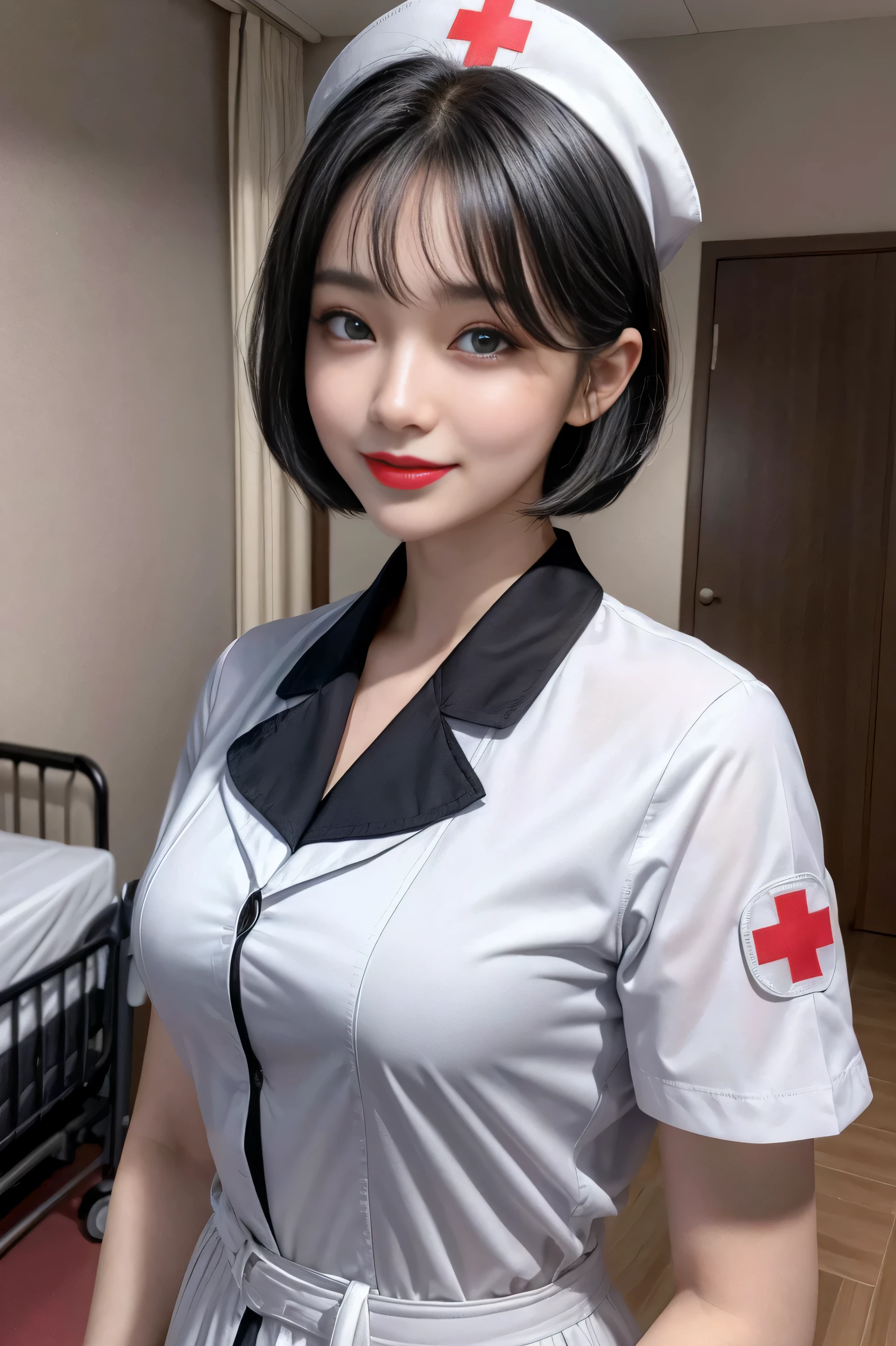 (highest quality, 8k, 32K, masterpiece, Hmm:1.2),Photos of beautiful Japanese women, 1 girl, (medium short dark brown hair), (big breasts), double eyelid, white nurse uniform, little white nurse (cap), white shirt, open shirt, hospital, hospital room, Upper body, sexy