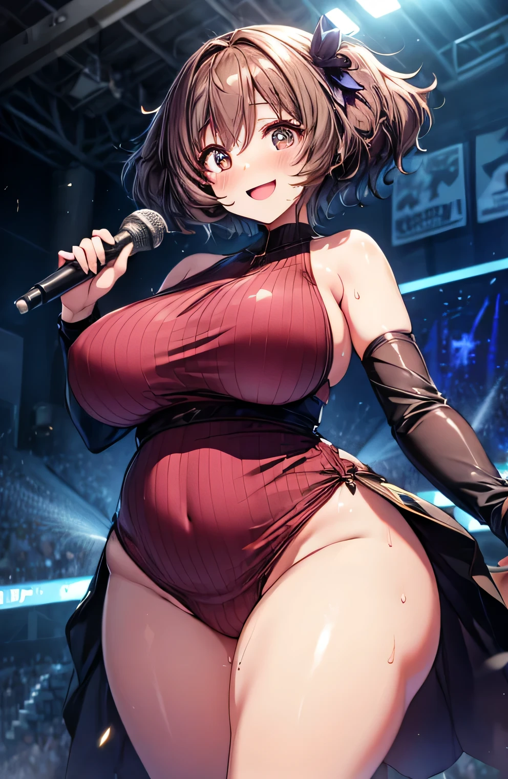 Anime illustration、highest quality、A short and plump idol、Sexy, colorful and flashy costumes、Perfect proportions、Live Stage、Clear skies、overwhelmingly big breasts、Thick legs、Beautiful, shining eyes、Cowboy Shot、smile、Excessive sweating、Noise Reduction