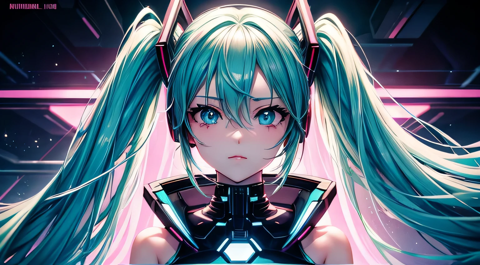 cyber punk　Hatsune Miku　Perfect facial expression　Perfect eye depiction　Neon Light　Big Breasts