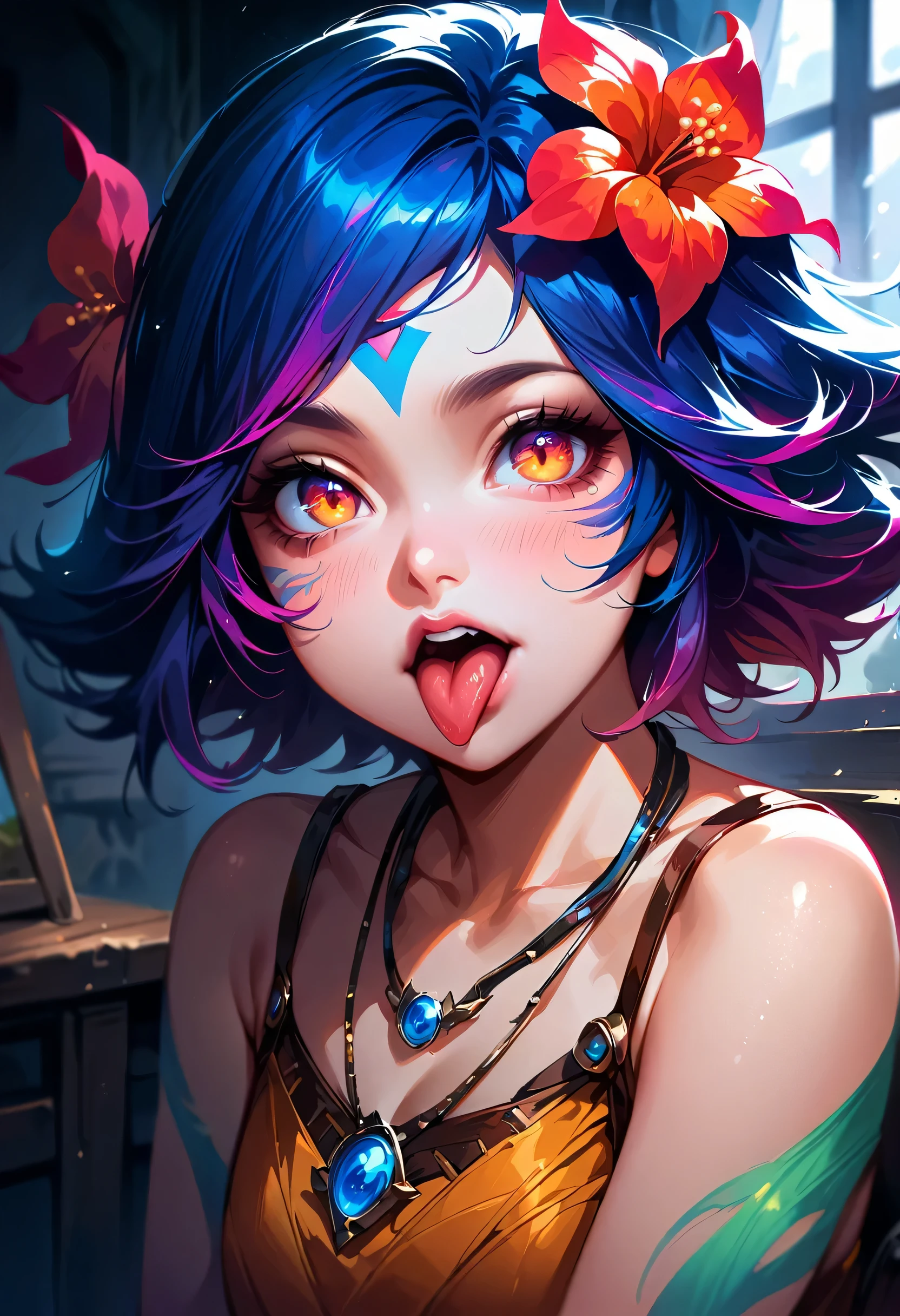 masterpiece,(best quality,top quality,8k),ultra detailed,illustration,painting,detailed eyes and face,(1girl),neeko, multicolored hair,(short hair), facial mark, forehead mark, hair ornament, hair flower, necklace,brown crop top,(showing tongue),(puffy eyes),good contrast , high sharpness,(gorgeous),realistic,RAW Photography,(hyperdetailed:1.2),room