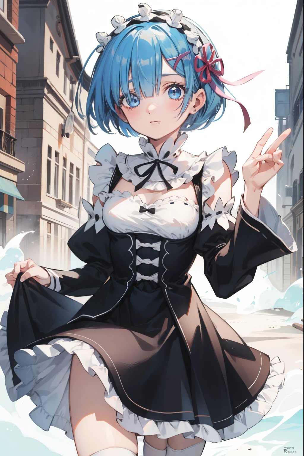 rezeroRem, Rem, blue eyes, Blue Hair, hair ornaments, Hair on one eye, hair ribbon, short hair, x hair ornaments,
break apron, black ribbon, black skirt, Black sleeves, Detachable collar, Removable sleeves, flower, Frillsエプロン, frilled skirt, Frills, 頭flower輪, Long sleeve, Maid, miniskirt, neck ribbon, purple ribbon, ribbon, ribbon trim, ribbon-trimmed sleeves, roswaal mansion Maid uniform, short hair, skirt, Knee socks, Waist apron, White apron, white Knee socks,
break outdoors, city,
break looking at viewer, 
break (masterpiece:1.2), highest quality, High resolution, unity 8k wallpaper, (figure:0.8), (Beautiful fine details:1.6), extRemely detailed face, Perfect lighting, extRemely detailed CG, (Perfect hands, Perfect Anatomy),