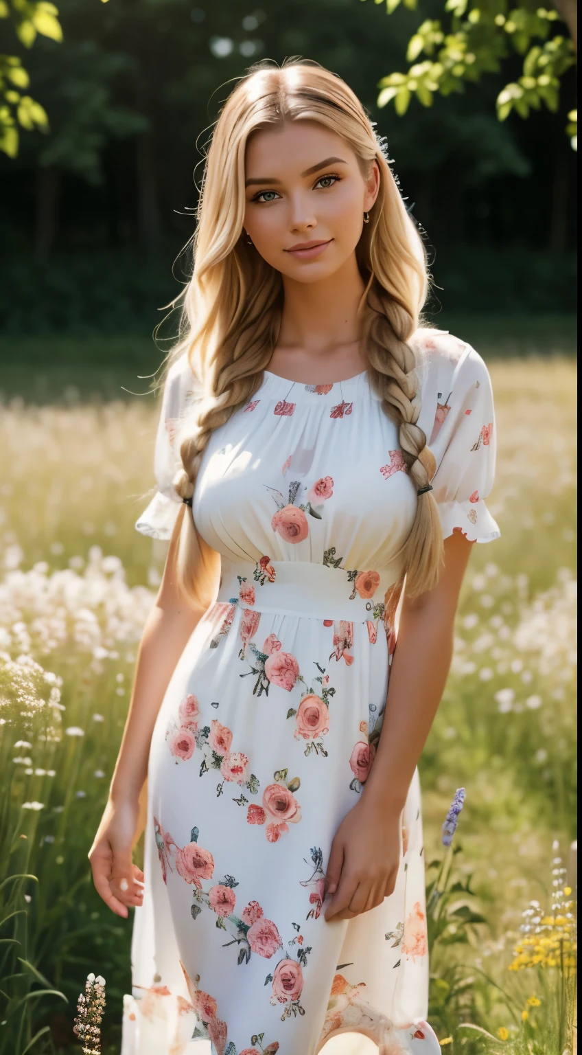Foto hiperrealista en primer plano de Emily Sears, masterpiece, best quality, (photorealistic:1.4), full body, (floral midi midi church dress with short sleeves with round neck:1.1), brown sandals, woking on the flowery meadow, summer day, cinematic light, beautiful woman, skinny, large breasts, blond hair tied in a braid, detailed face, smile, facing the camera, photo taken from a distance, age of 20 years old