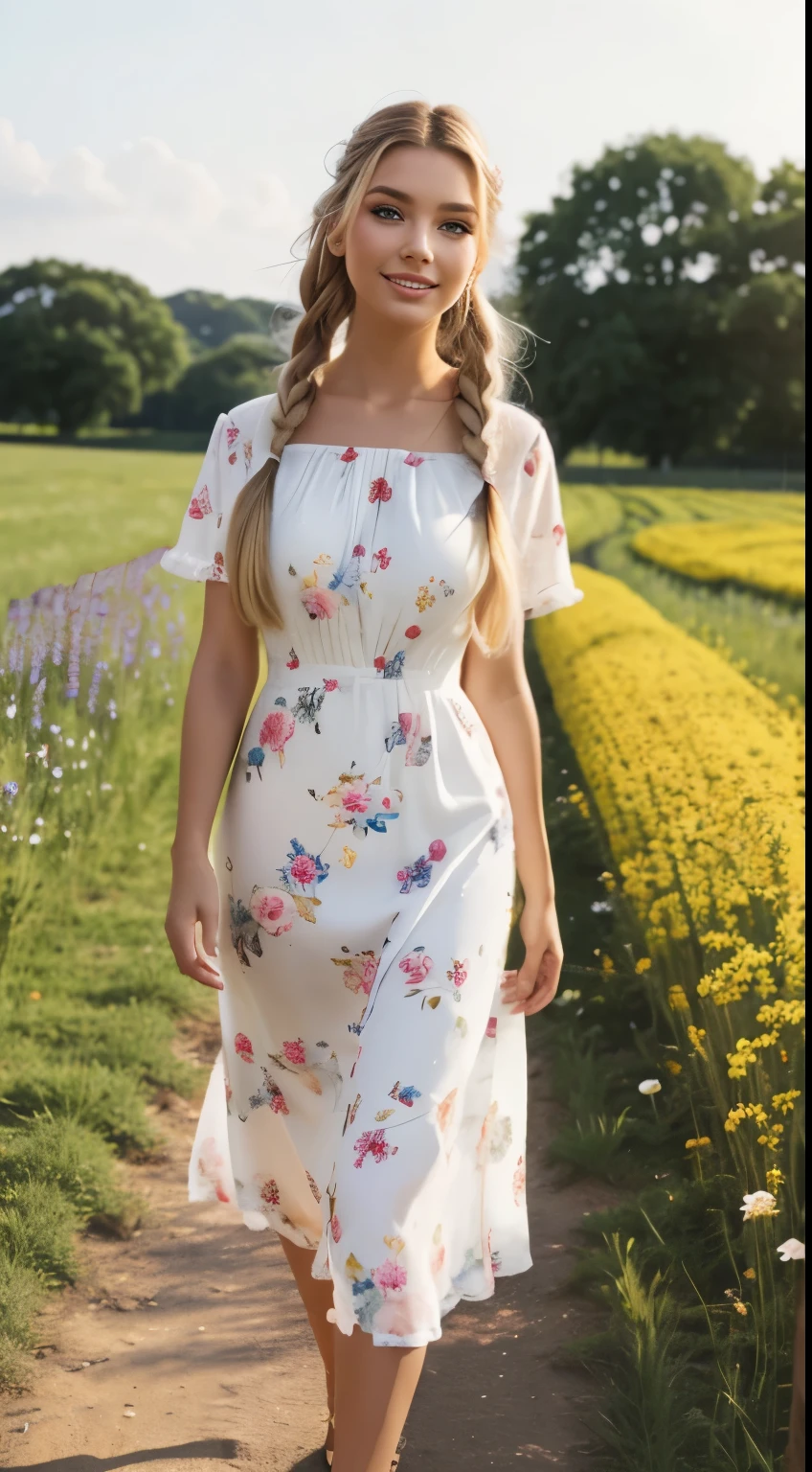 Foto hiperrealista en primer plano de Emily Sears, masterpiece, best quality, (photorealistic:1.4), full body, (floral midi midi church dress with short sleeves with round neck:1.1), brown sandals, woking on the flowery meadow, summer day, cinematic light, beautiful woman, skinny, large breasts, blond hair tied in a braid, detailed face, smile, facing the camera, photo taken from a distance, age of 20 years old