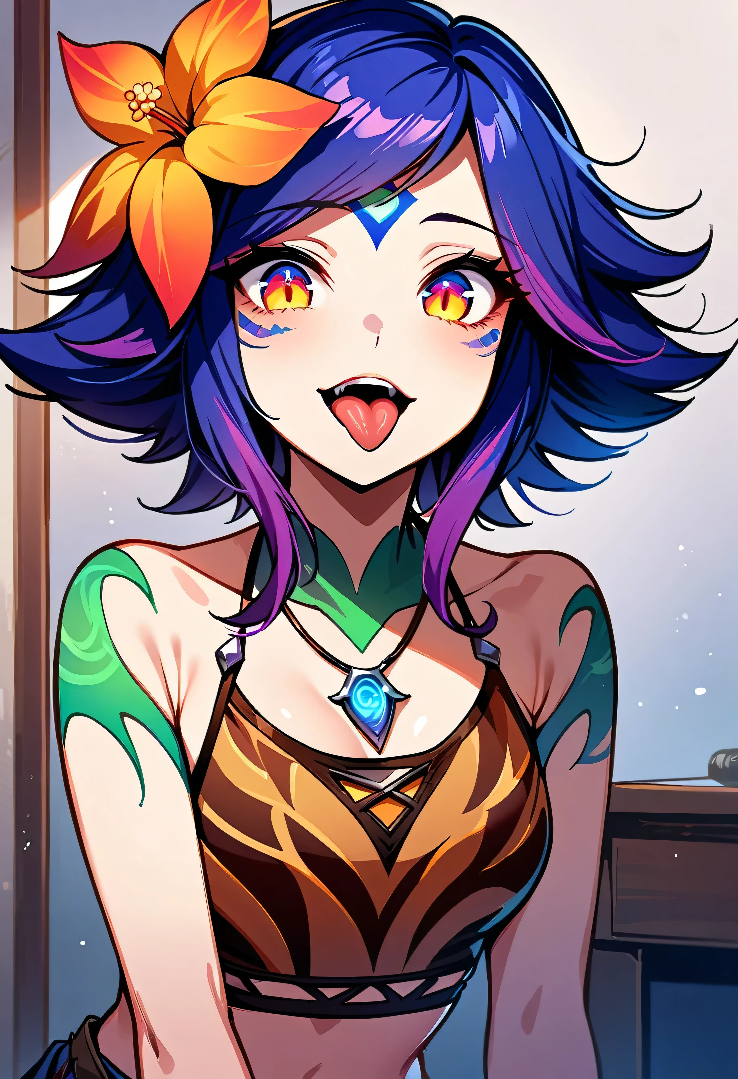 masterpiece,(best quality,top quality,8k),ultra detailed,illustration,painting,detailed eyes and face,(1girl),neeko, multicolored hair,(short hair), facial mark, forehead mark, hair ornament, hair flower, necklace,brown crop top,(showing tongue),room