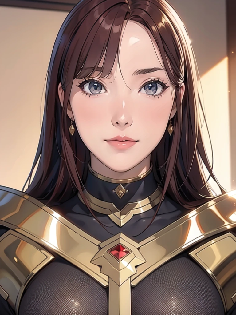 The girl has golden eyes，Red Straight Hair，The silver armor is set with jewels，Black mesh lining