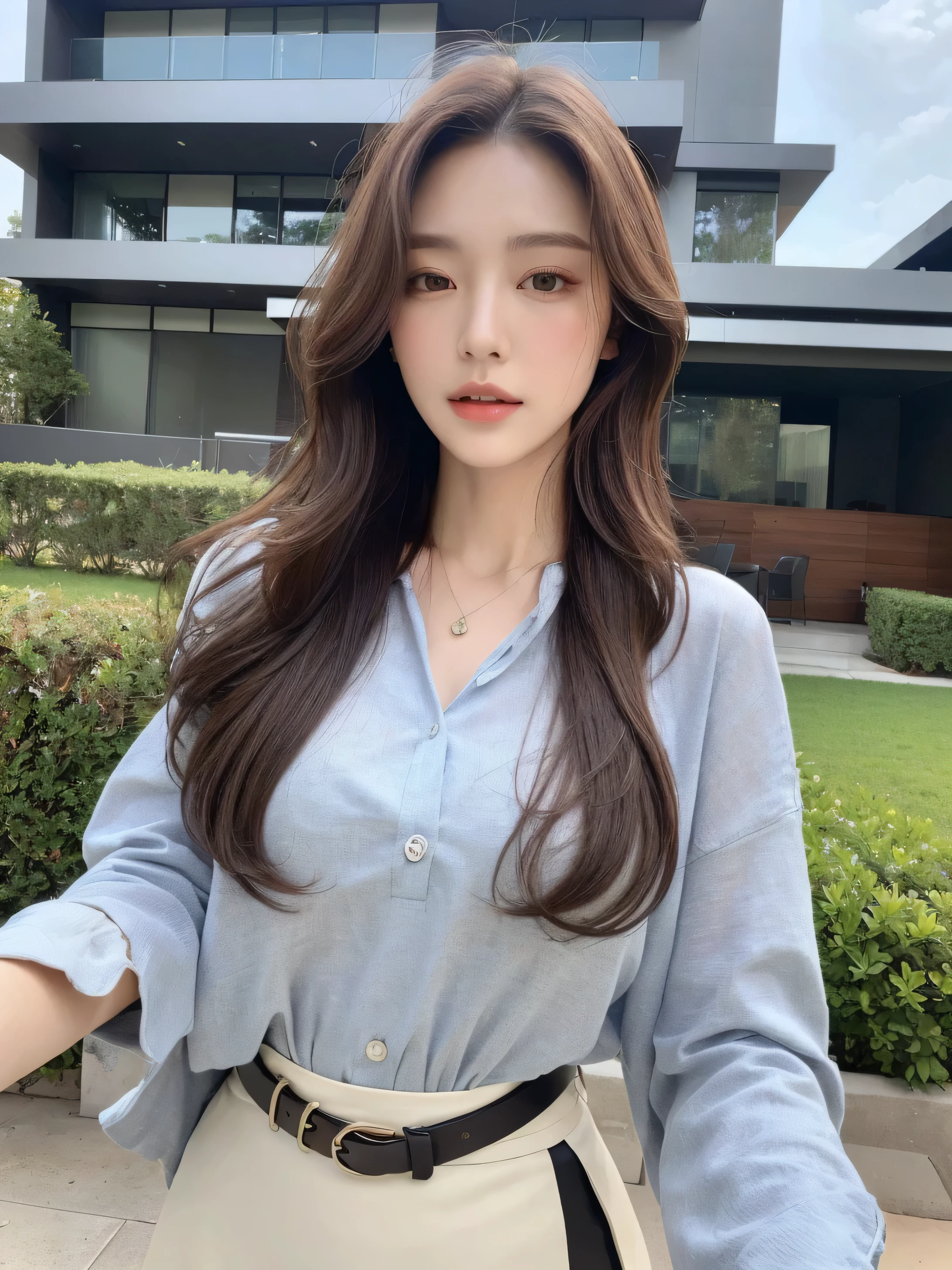 (Best quality, High resolution, Masterpiece :1.3), A tall and pretty woman, Slender abs, Dark brown hair styled in loose waves, Breasts, Wearing pendant, White button up shirt, Belt, Black skirt, (Modern architecture in background), Details exquisitely rendered in the face and skin texture, Detailed eyes, Double eyelid