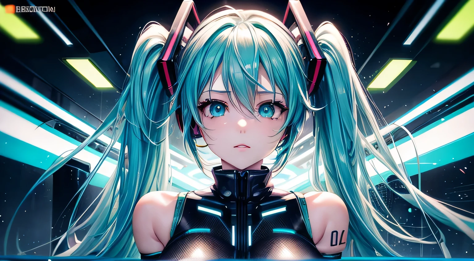 cyber punk、 Hatsune Miku、 Big Breasts、Perfect facial expression、 Perfect eye depiction、 Neon Light、
