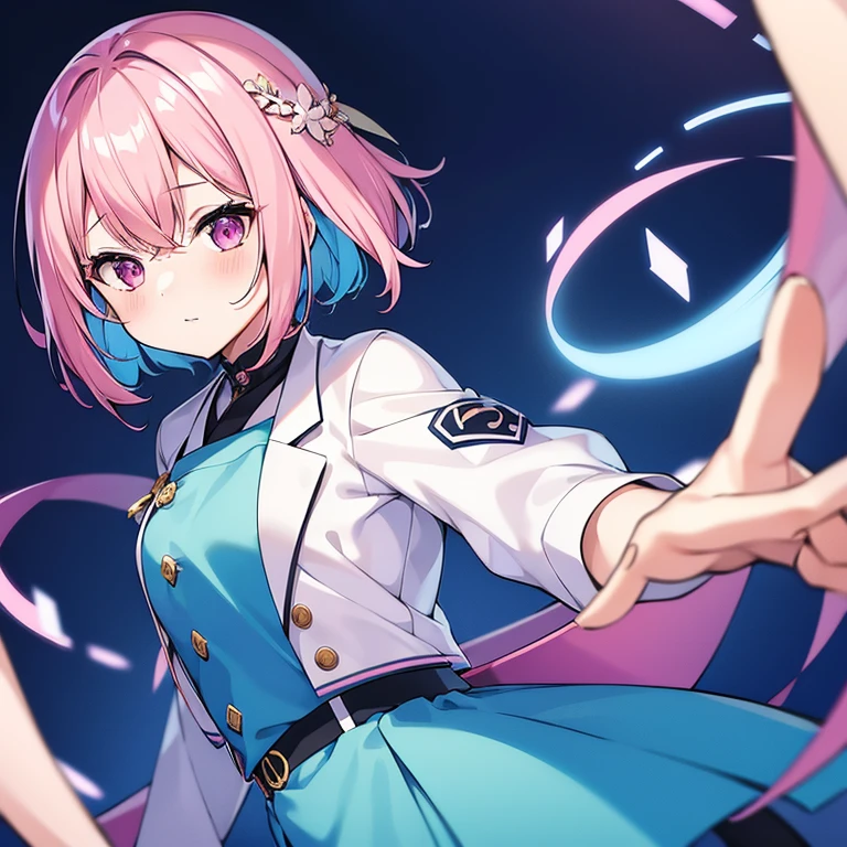 1 girl , short bleached hair with blue and pink streaks , ai hoshinoko eye , wears a YUEI uniform without jacket , without background , absurdres , hight res , ultrasharp , 8k , masterpiece , looking viewer