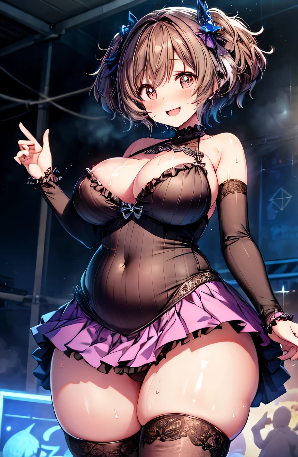 Anime illustration、highest quality、A short and plump idol、Sexy, colorful and flashy costumes、Perfect proportions、Frills、Live Stage、Clear skies、overwhelmingly big breasts、Thick legs、Beautiful, shining eyes、Cowboy Shot、smile、Excessive sweating、Noise Reduction