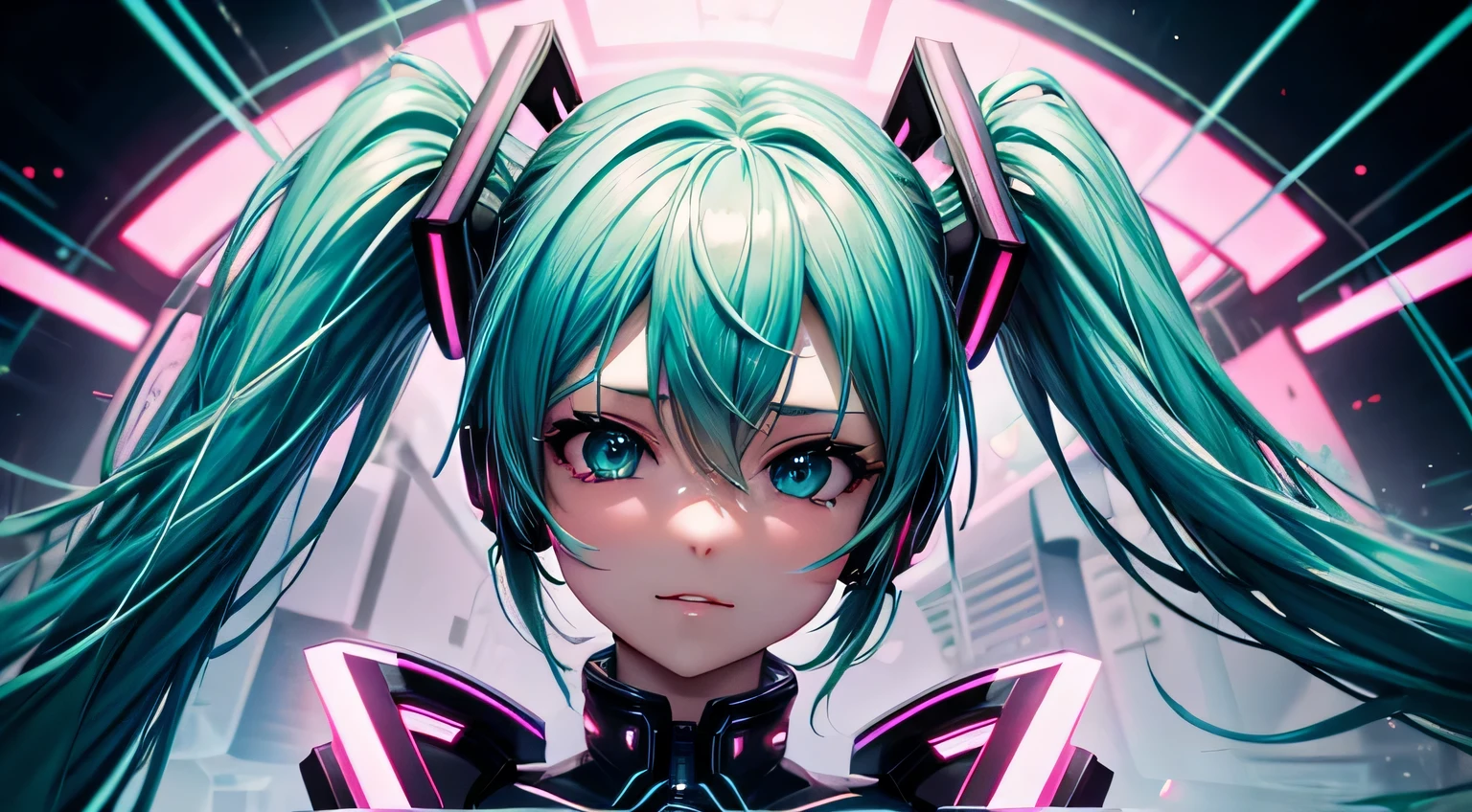 cyber punk、　Hatsune Miku、　Big Breasts、Perfect facial expression、　Perfect eye depiction、　Neon Light、　