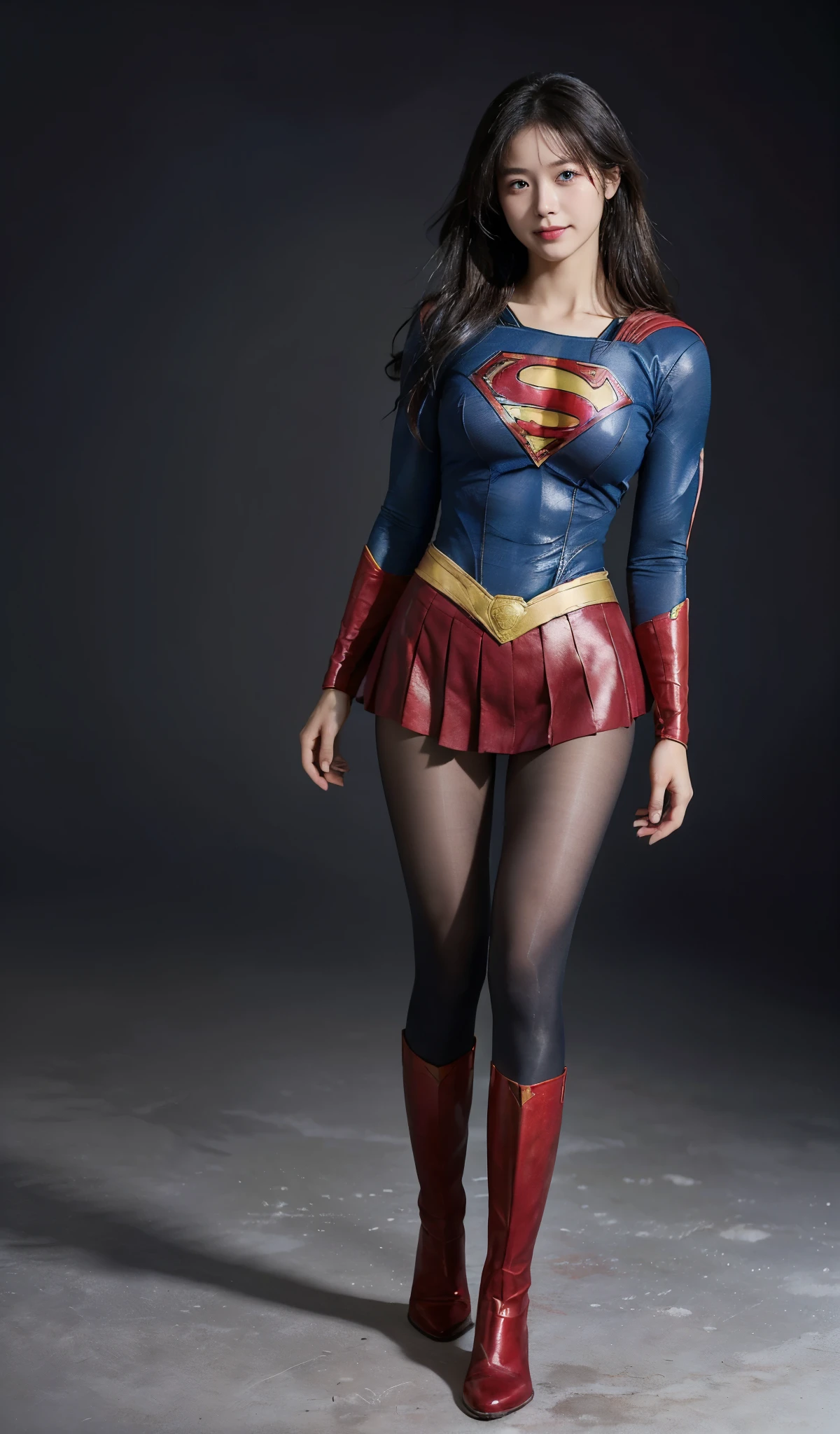 No background、(((Beautiful legs in black tights.)))、(((Legally express the beauty of your smile)))、((((Make the most of your original images)))、(((Supergirl Costume)))、(((Beautiful Hair)))、(((suffering)))、(((Please wear black tights....、Wear red boots)))、((Best image quality、8K))、((highest quality、8K、masterpiece:1.3))、(((Preserve background )))、Sharp focus:1.2、Beautiful woman with perfect figure:1.4、Thin abdominal muscles:1.2、Wet body:1.5、Highly detailed face and skin texture、8K