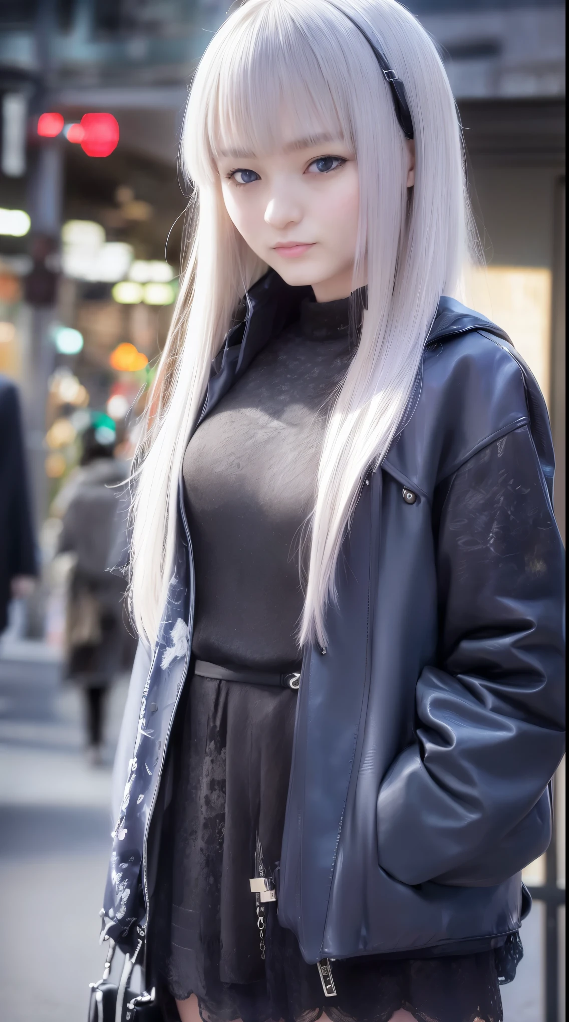 masterpiece, highest quality, 4K, Ultra-high resolution, mishoujo, Painting, Beautiful eyes and fine face, figure, Beautiful details, high resolution figure, Shine_white_particle, One girl, white hair, Light purple eyes, Hair on one eye, Short side details, Baseball cap,Expressionless, Window Shades, Black jacket, Chest Rig, cyber punk, Techwear,(Impressionism:1.4), Vincent van Gogh