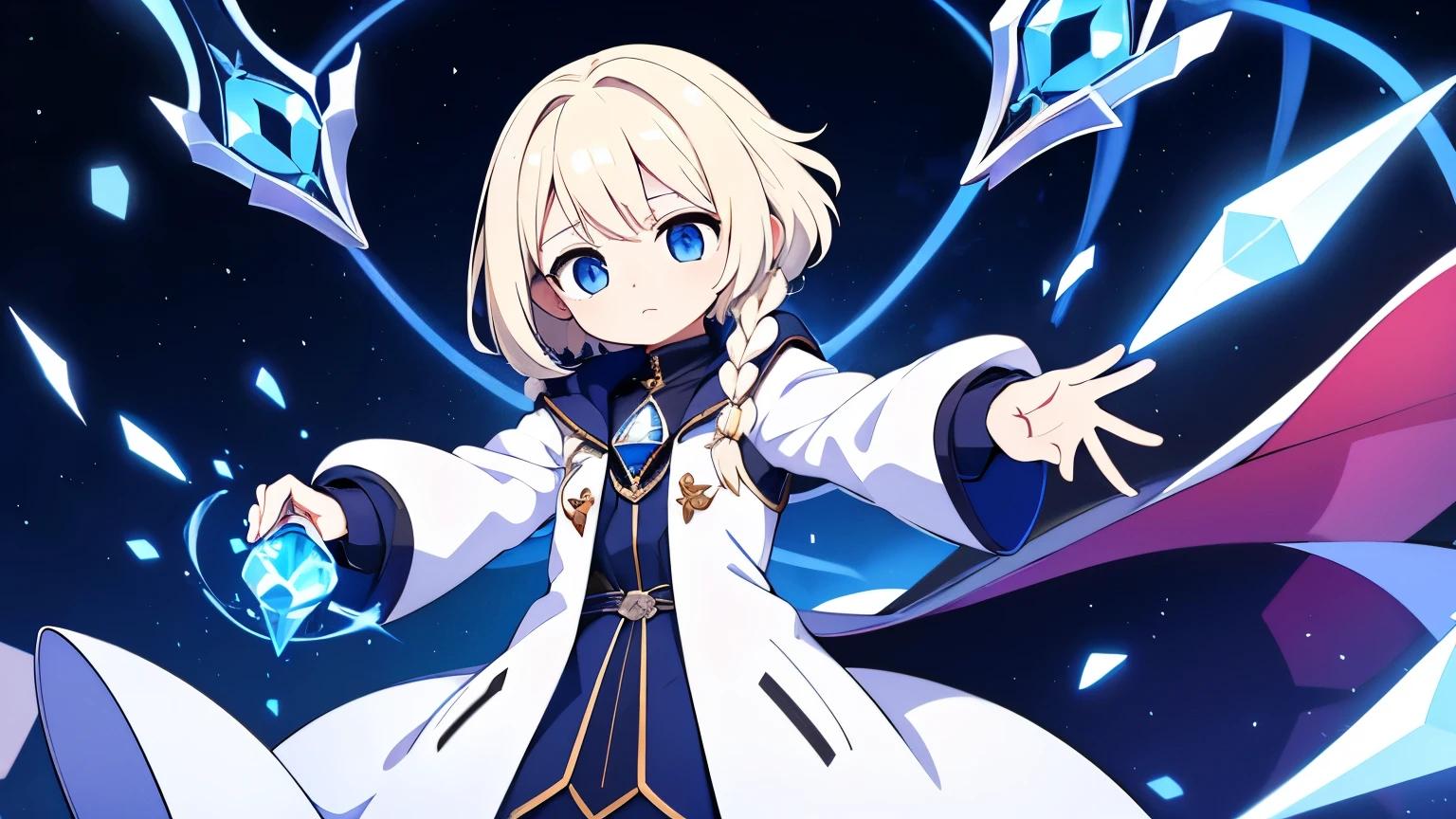 A female alchemist chanting a spell with her hands outstretched,Platinum blonde curly short hair,Partial long hair braids,Dark blue eyes,White coat-like jacket,The clothes inside are navy blue,Flying in the sky,Red gemstone shards are floating around her,Final Boss