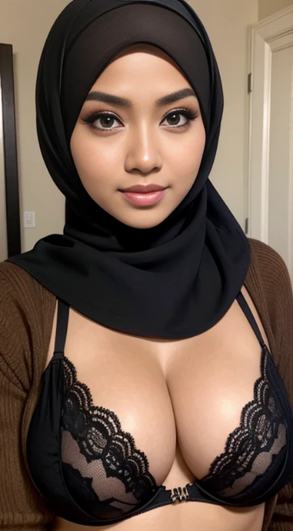 RAW, Best quality, high resolution, Masterpiece: 1.3), Beautiful Malay woman in hijab,Masterpiece, best quality,8k, brown eyes, perfect eyes,Huge breasts,long White sweater,close up, bedroom, dressing room, wear black bra