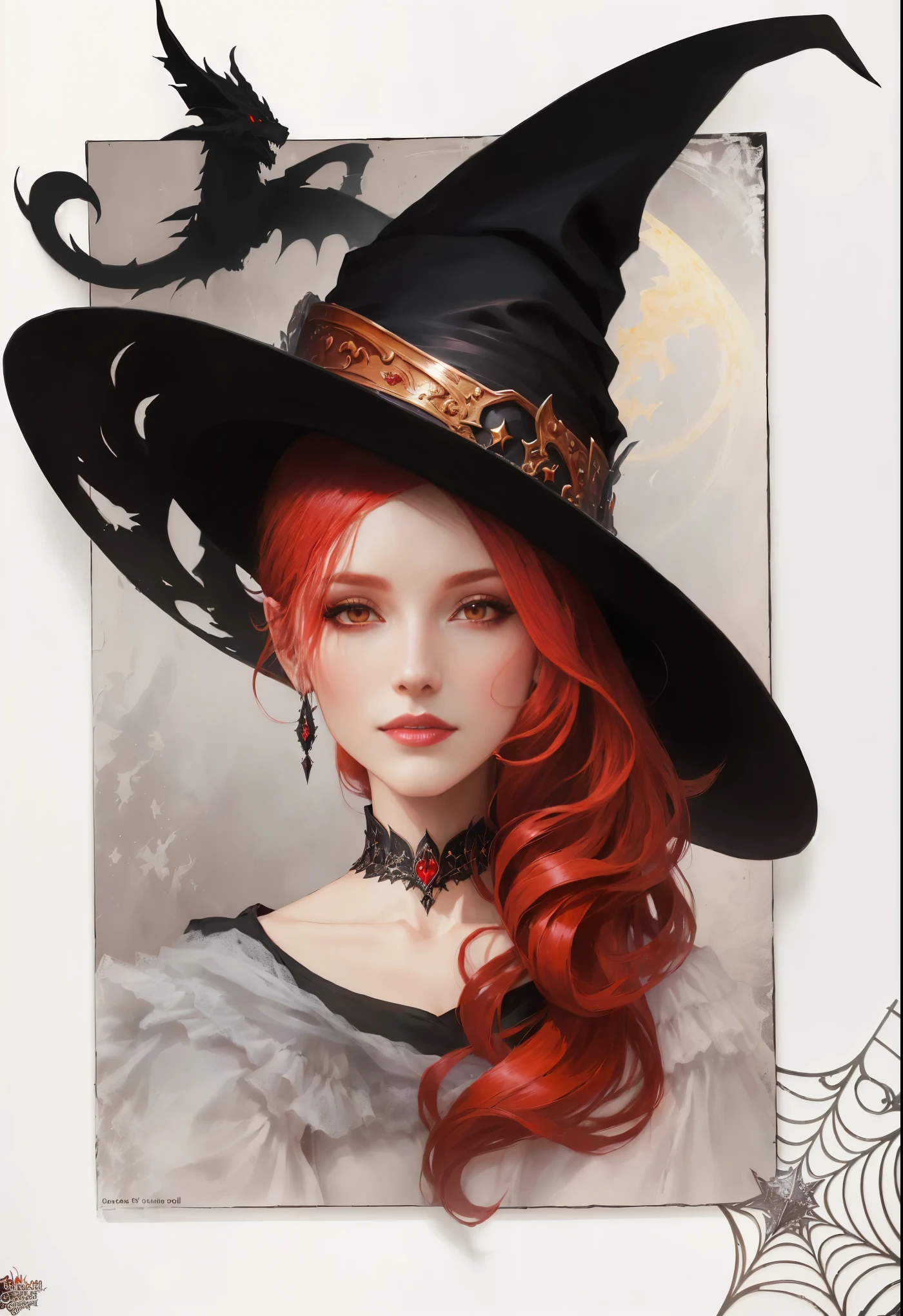 witch with red hair and a black hat with a dragon, portrait of a young witch girl, portrait of a young witch, classical witch, portrait of a witch, Portrait of a Sorceress, beautiful female witch, beautiful sorceress, witch girl, The Bright Witch, A Wonderful Wizard, beautiful female witch, beautiful sorceress, Artgerm. anime illustration