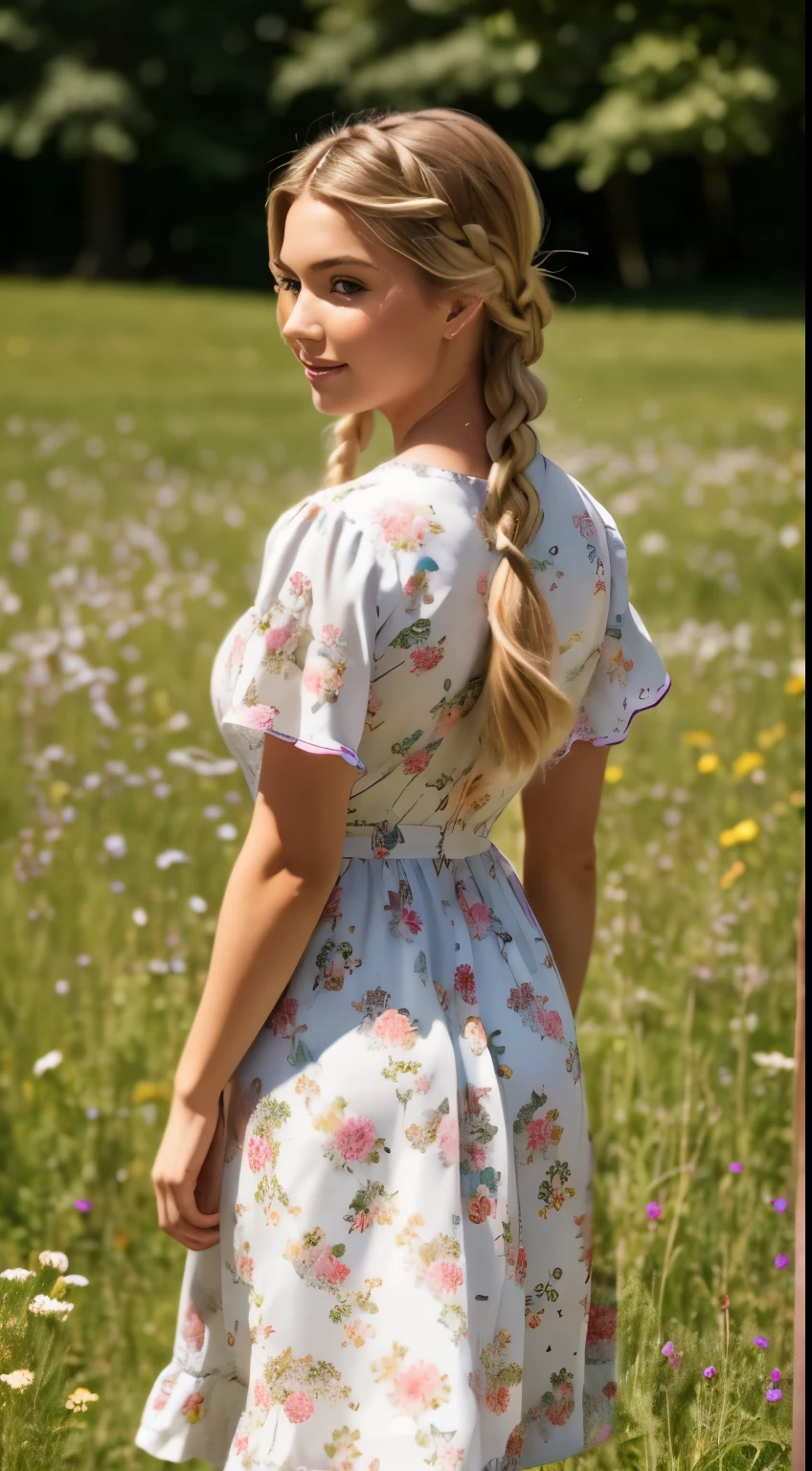 Foto hiperrealista en primer plano de Emily Sears, masterpiece, best quality, (photorealistic:1.4), full body, (floral midi midi church dress with short sleeves with round neck:1.1), brown sandals, woking on the flowery meadow, summer day, cinematic light, beautiful woman, skinny, large breasts, blond hair tied in a braid, detailed face, smile, facing the camera, photo taken from a distance, age of 20 years old, she walks away, her butt is visible