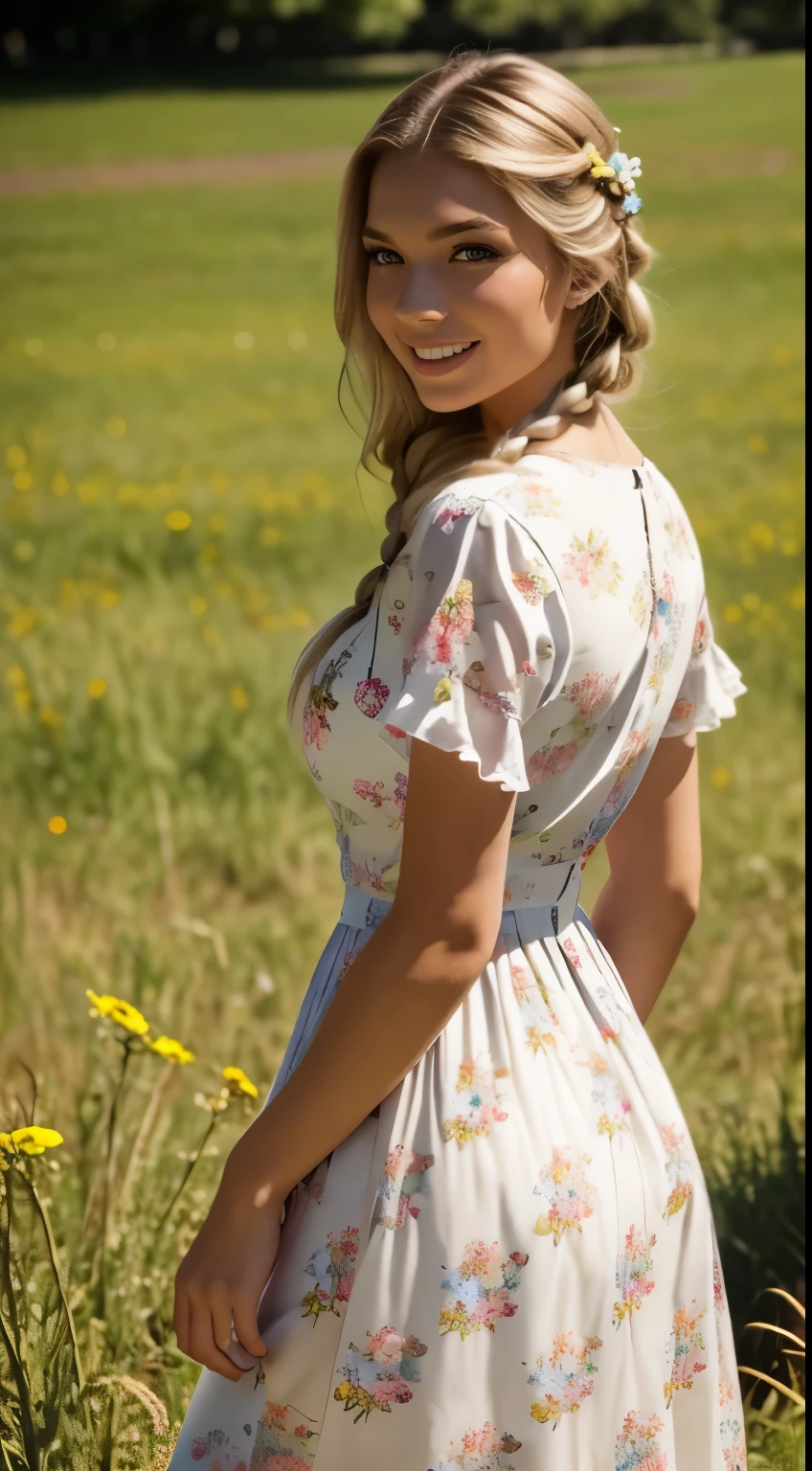 Foto hiperrealista en primer plano de Emily Sears, masterpiece, best quality, (photorealistic:1.4), full body, (floral midi midi church dress with short sleeves with round neck:1.1), brown sandals, woking on the flowery meadow, summer day, cinematic light, beautiful woman, skinny, large breasts, blond hair tied in a braid, detailed face, smile, facing the camera, photo taken from a distance, age of 20 years old, she walks away, her butt is visible
