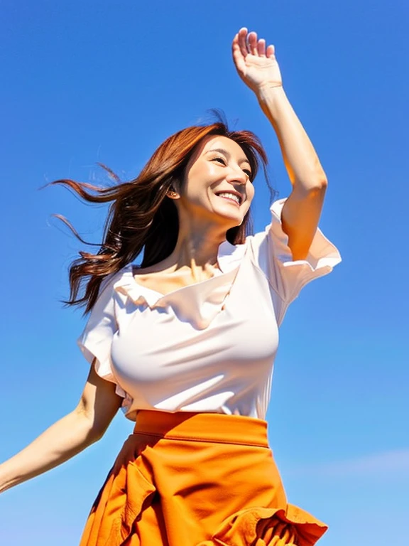 Japanese Beautiful woman Beauty Large Breasts 30 years old Perfect body A little to the right Full body photography Beautiful face Standing looking up at the sky Smiling long hair Orange ruffle skirt White blouse