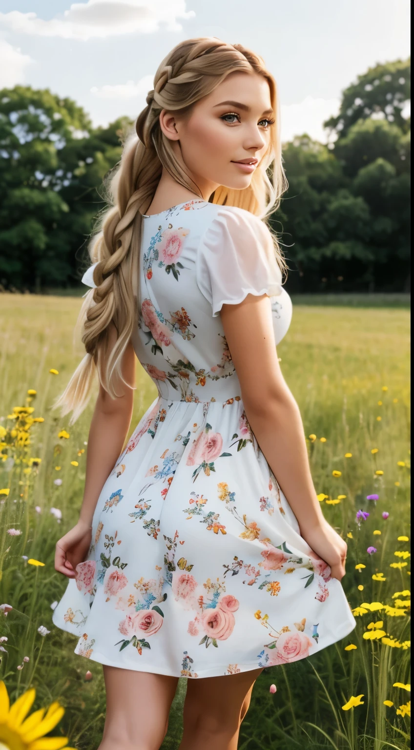 Foto hiperrealista en primer plano de Emily Sears, masterpiece, best quality, (photorealistic:1.4), full body, (floral midi midi church dress with short sleeves with round neck:1.1), brown sandals, woking on the flowery meadow, summer day, cinematic light, beautiful woman, skinny, large breasts, blond hair tied in a braid, detailed face, smile, facing the camera, photo taken from a distance, age of 20 years old, she walks away, her butt is visible