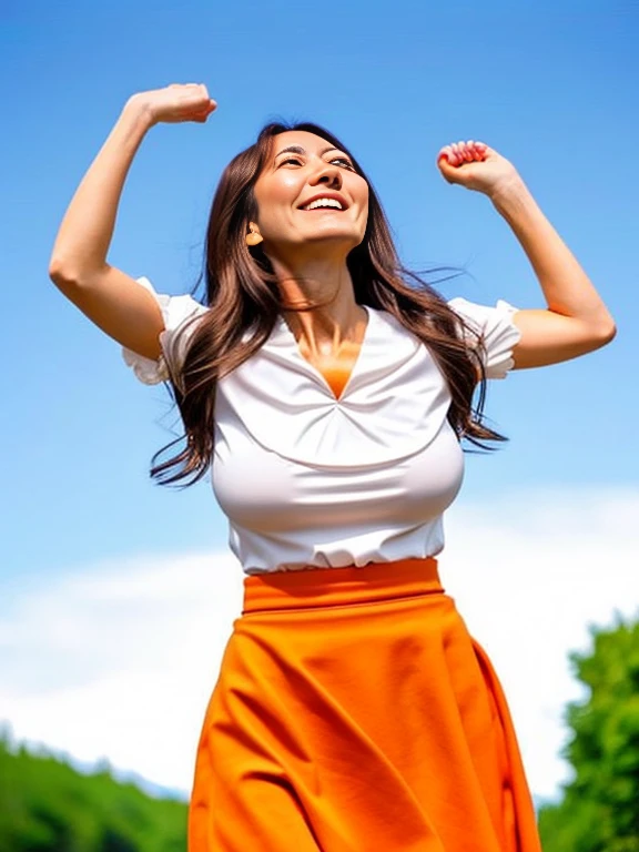 Japanese Beautiful woman Beauty Large Breasts 30 years old Perfect body A little to the right Full body photography Beautiful face Standing looking up at the sky Smiling long hair Orange ruffle skirt White blouse