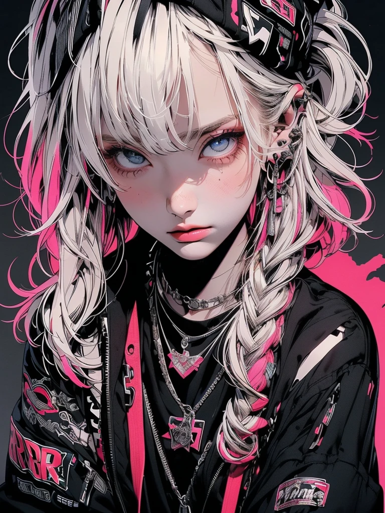 ((((dramatic))), (((gritty))), (((intense))) film poster featuring a young platinum white hair woman as the central character. She stands confidently in the center of the poster, wearing a stylish and edgy Harajuku-inspired hip hop outfit, with a determined expression on her face. The background is aesthetic atmospheric dark and gritty, with a sense of danger and intensity. The text is bold and attention-grabbing, with a catchy tagline that adds to the overall feeling of drama and excitement. The color palette is mainly dark with splashes of vibrant neon colors, giving the poster a dynamic and visually striking appearance,tachi-e
(magazine:1.3), (cover-style:1.3), fashionable, woman, vibrant, outfit, sexy seductive posing, front, colorful, dynamic, background, elements, confident, expression, holding, statement, accessory, majestic, coiled, around, touch, scene, text, cover, bold, attention-grabbing, title, stylish, font, catchy, headline, larger, striking, modern, trendy, focus, fashion,