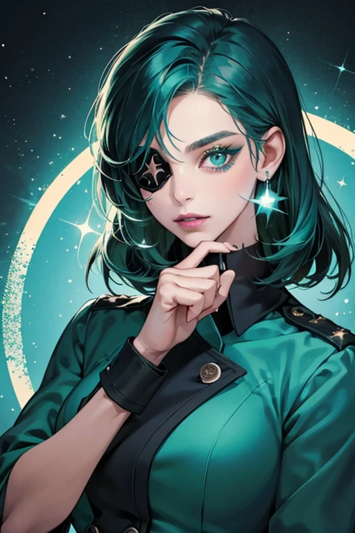 She is an emerald  with dark teal lips. She has only one eye with blue eyeshadow with the other eye being covered with an eyepatch,She wears a basic orange prisoner's uniform. SPARKLE; GLITTER