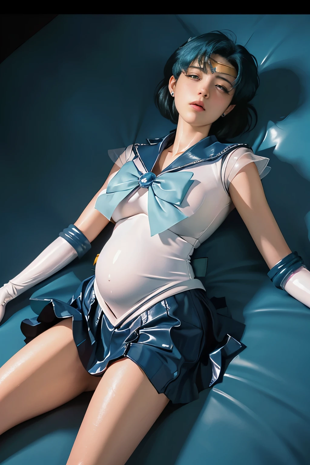 highest quality,masterpiece,Ultra-high resolution, Very detailed, 8k,(Beautiful woman),one person,40 years old, ((Sailor Mercury)), ((Blue sailor collar, Very tight and shiny uniform, Long white latex gloves,Beautiful female hand in white latex gloves,Shiny blue latex knee-high boots, Stiletto heels,Blue choker、Blue gloves on elbows, Shiny blue skirt, Gold tiara on forehead,Earrings,Luxury gold jewelry)), (Facial details, Bright Blue Eyes, Beautiful Face, Beautiful Eyes, Shining Eyes, Thin lips, Thin, sharp, pale eyebrows, Long, black eyelashes, Long and thick lower eyelashes, double eyelid, Fluffy blue hair), skinny, Large , Perfect Proportions, Thick waist, Visible pores, Beautiful shiny dark blue hair, Perfect hands, High gloss holographic leather for a snug fit,Octane Rendering, (((lying on back, close eyes, unconsciousness, painful, defeated from fighting, Pregnant women, Large distended belly, 妊娠させられたSailor Mercury)))