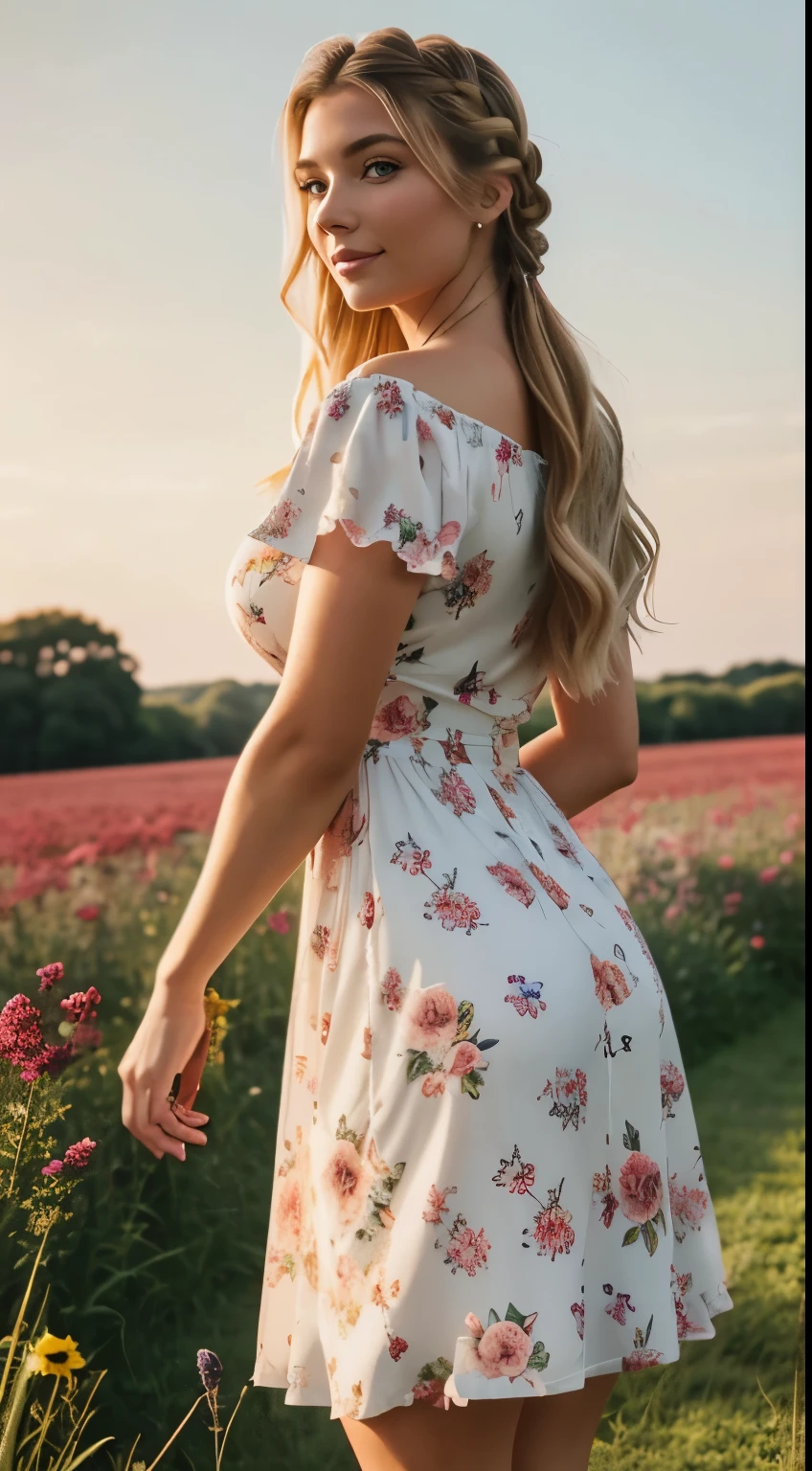 Foto hiperrealista en primer plano de Emily Sears, masterpiece, best quality, (photorealistic:1.4), full body, (floral midi midi church dress with short sleeves with round neck:1.1), brown sandals, woking on the flowery meadow, summer day, cinematic light, beautiful woman, skinny, large breasts, blond hair tied in a braid, detailed face, smile, facing the camera, photo taken from a distance, age of 20 years old, she walks away, her butt is visible