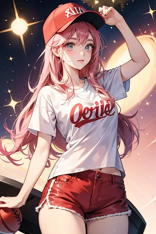 She is a and round eyes that have three eyelashes. She wears a red baseball cap and pale pink shorts. SPARKLE; GLITTER
