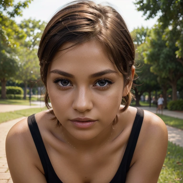 Best quality,ultra-detailed,realistic,portraits,vivid colors,beautiful detailed eyes,beautiful detailed lips,beautiful detailed face,dark-skinned,short blonde hair,brown eyes,long eyelashes,sexy red short tight dress,girl in a park.