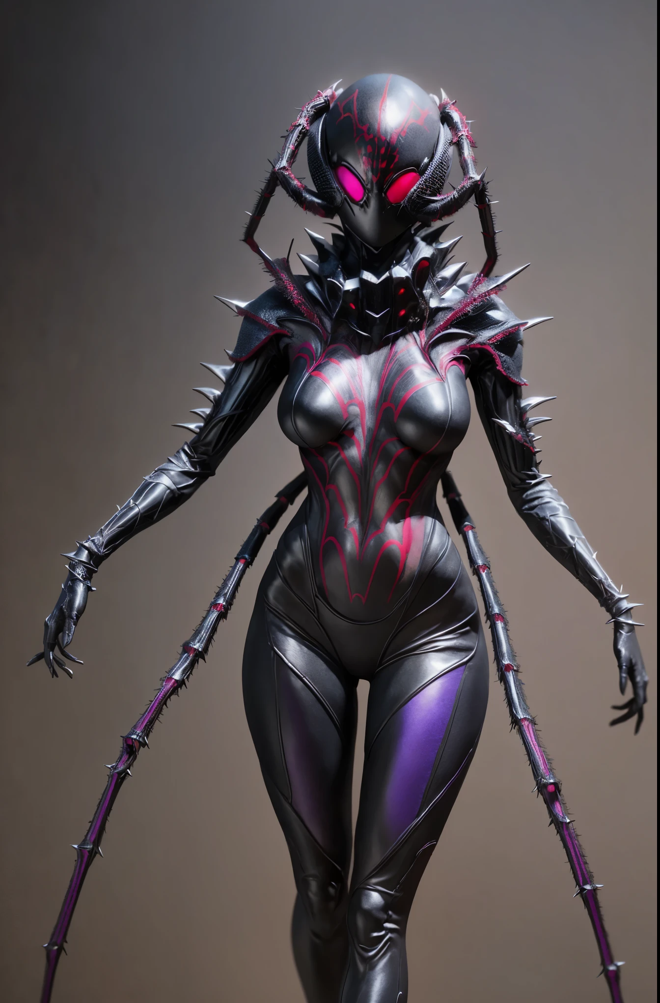 Beautiful girl fused with a spider. (High quality) （black and red and purple image color）. body suit. compound eye. cyber style. spider web. spike accessory. Biological Armor. Biological helmet. eye mask.