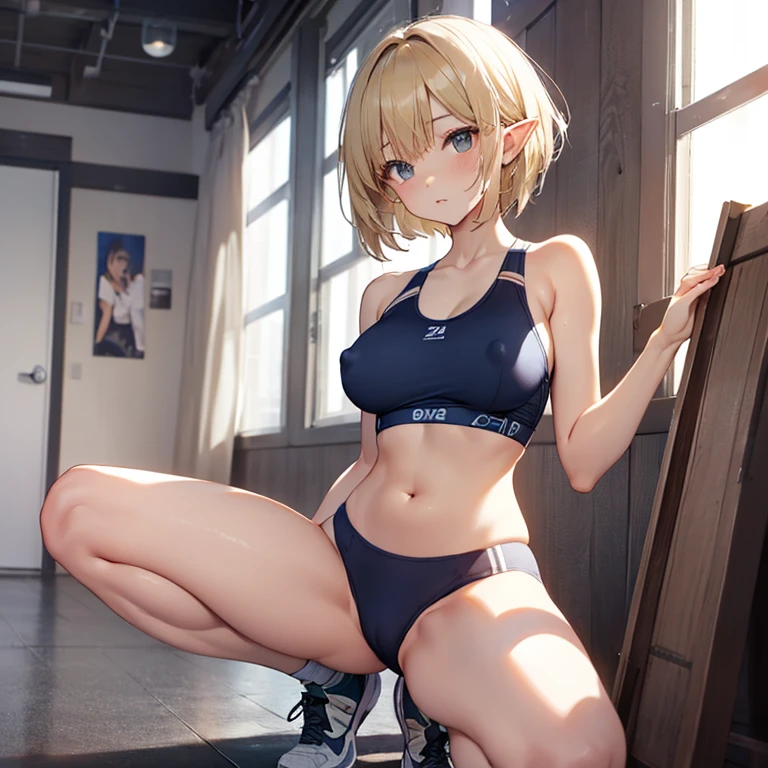 Short Hair、Blonde、Nipples、tits、Elf、Athletics、Sports Bra、stockings、Open your legs while crouching、Perfect body