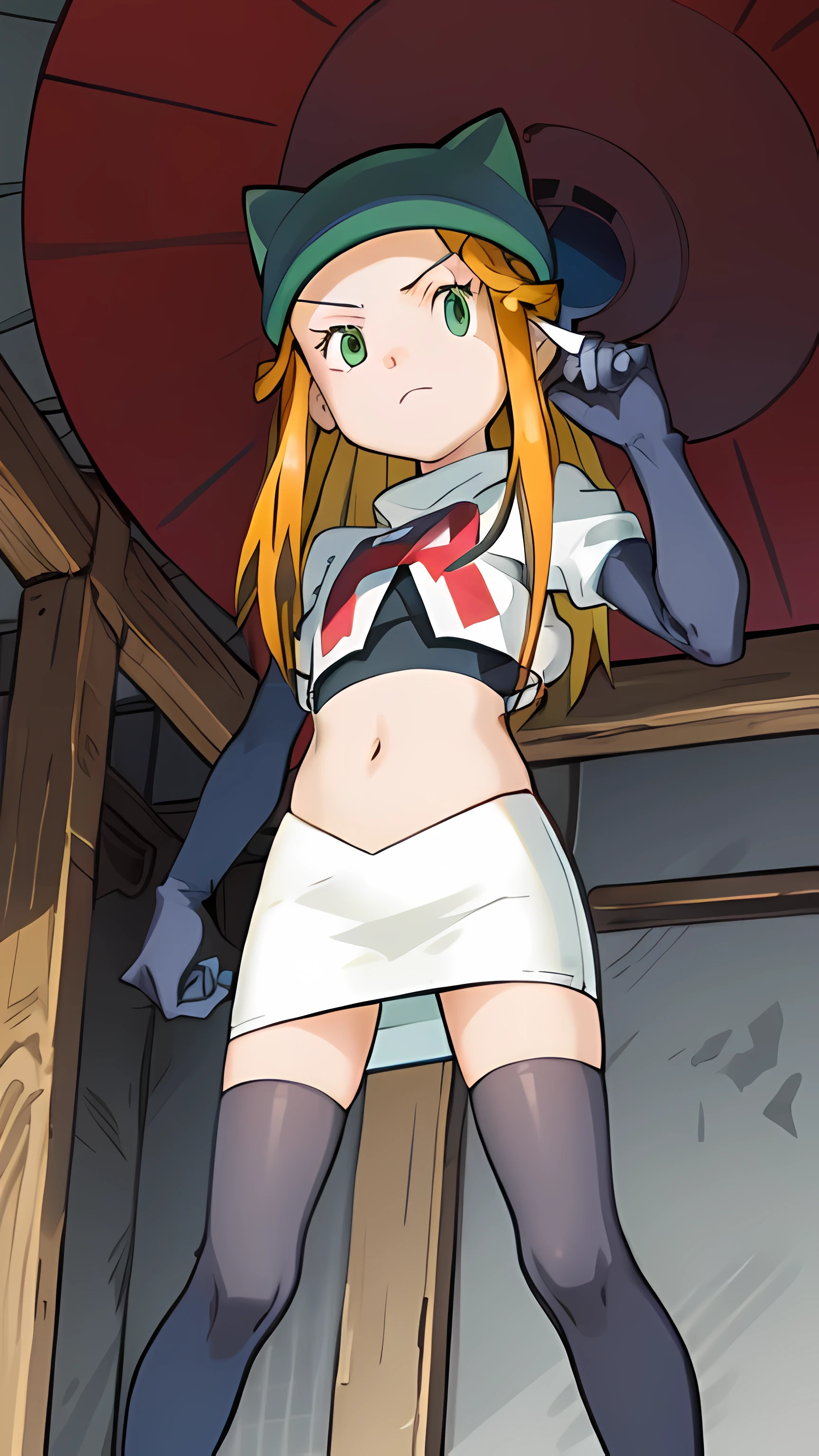 masterpiece, best quality, Izumi\(digimon\),hair over one eye, green eyes, long hair, 1girl, solo, team rocket,team rocket uniform, red letter R, white skirt,white crop top,black thigh-highs,black elbow gloves, cat hat, from below