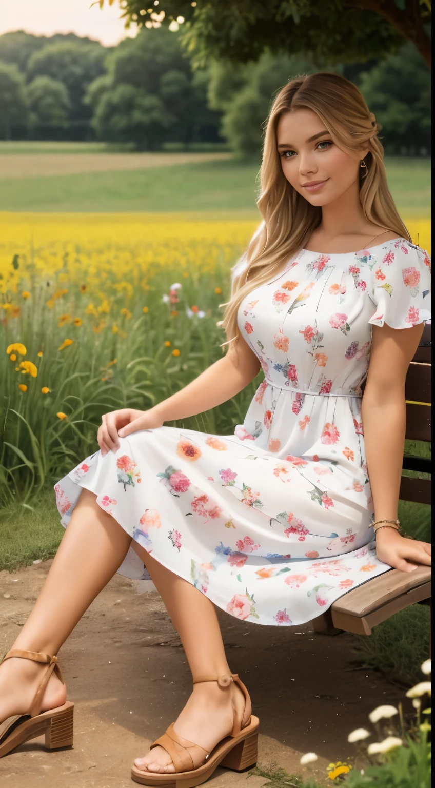 Foto hiperrealista en primer plano de Emily Sears, masterpiece, best quality, (photorealistic:1.4), full body,   (floral midi midi church dress with short sleeves with round neck:1.1), brown sandals, she is sitting on the bench around is flowery meadow, summer evening, sunset, cinematic light, beautiful woman, skinny, large big breasts, straight blond hair, detailed face, smile, facing the camera, photo taken from a distance, age of 20 years old, 