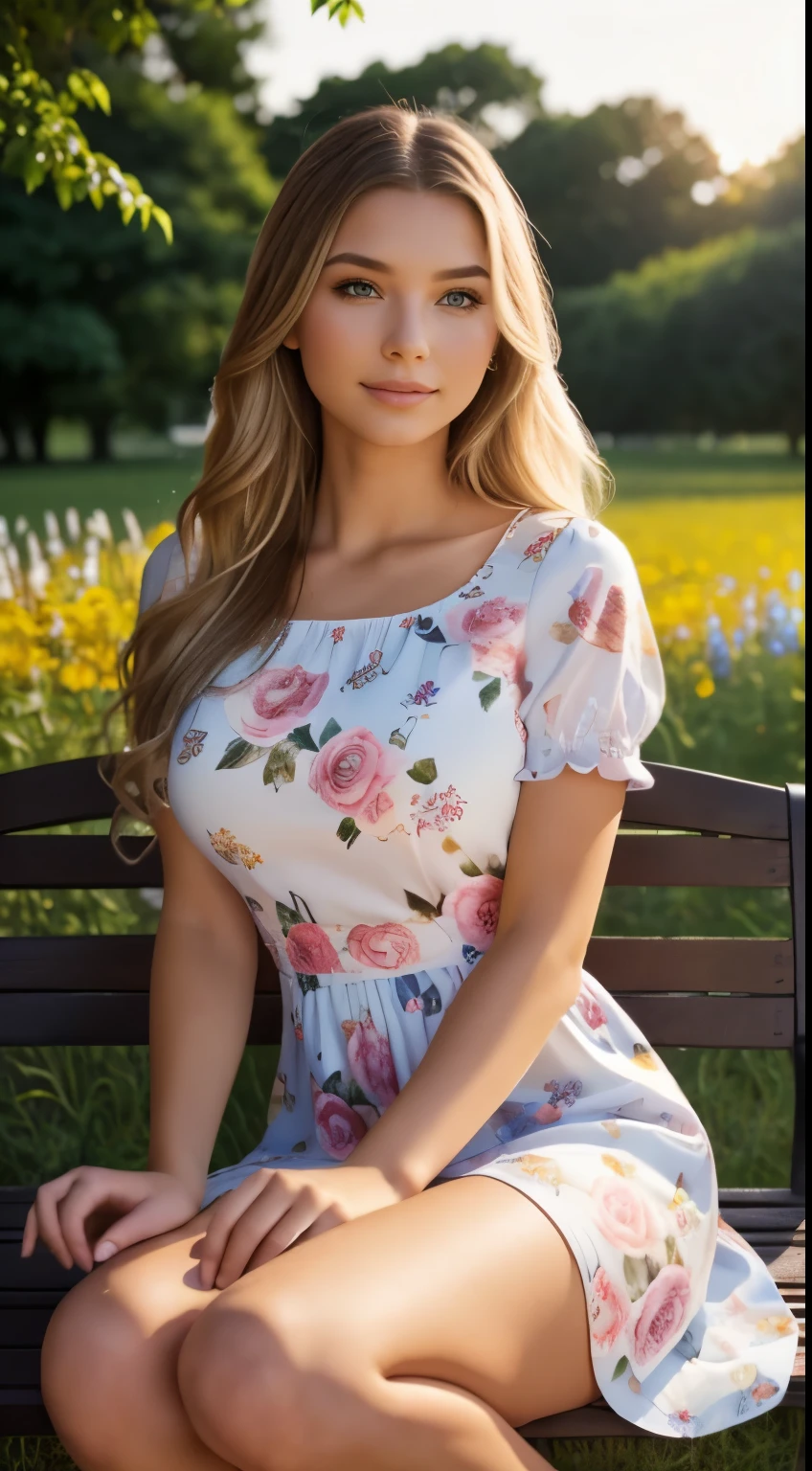 Foto hiperrealista en primer plano de Emily Sears, masterpiece, best quality, (photorealistic:1.4), full body, (floral midi midi church dress with short sleeves with round neck:1.1), brown sandals, she is sitting on the bench around is flowery meadow, summer evening, sunset, cinematic light, beautiful woman, skinny, large big breasts, straight blond hair, detailed face, smile, facing the camera, photo taken from a distance, age of 20 years old,
