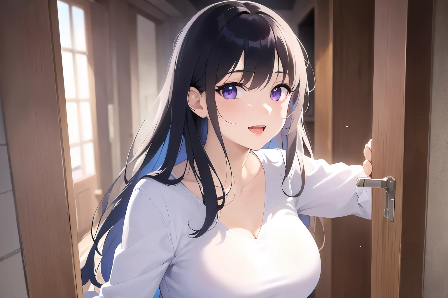Biologically correct five fingers、large breasts, door, doorway, indoors, leaning forward, opening door, smile ,open mouth、looking up, Upper Body, Realistic, real person, (pale skin: 1.2), RAW photo, photorealistic, portrait photography, shiny skin, shiny hair、(A 25-year-old woman with straight hair and bangs) and (medium hair) and (black hair) and (purple eyes) , (white:1.5) and (T-Shirts) and (long sleeve) 、Cleavage、Alone、Are standing