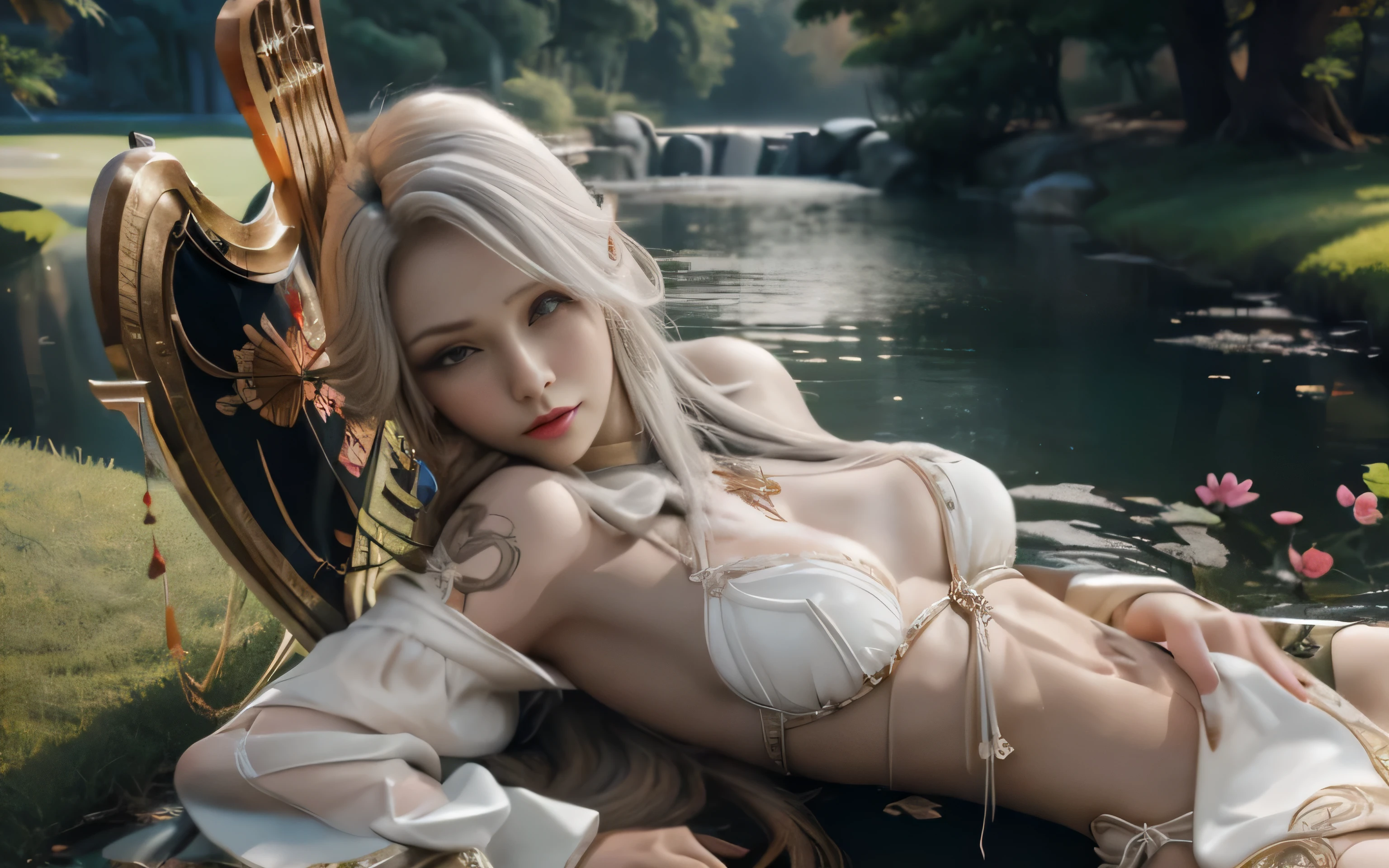there is a woman in a black and white outfit sitting on the dcound near pond with blooming lotous holding and playing on harp, sharp silver armor fuchsia skin, glossy white armor, alluring mesmer woman, 8 k character details, drakengard, blade and soul, ornate bikini armor, high quality anime art, melodic aura around women , high quality illustration, eastern fantasy musicant women, 8k high quality wallpaper