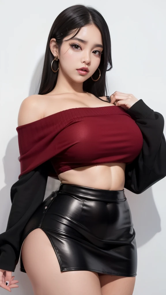 Sexy woman, black hair, off shoulder crop top, miniskirt, wide hips, thick thighs, beautiful face, amazing body, sultry pose, lustful expression, close-up, sexy, mamilos longos, cintura fina, calcinha micro, fundo preto