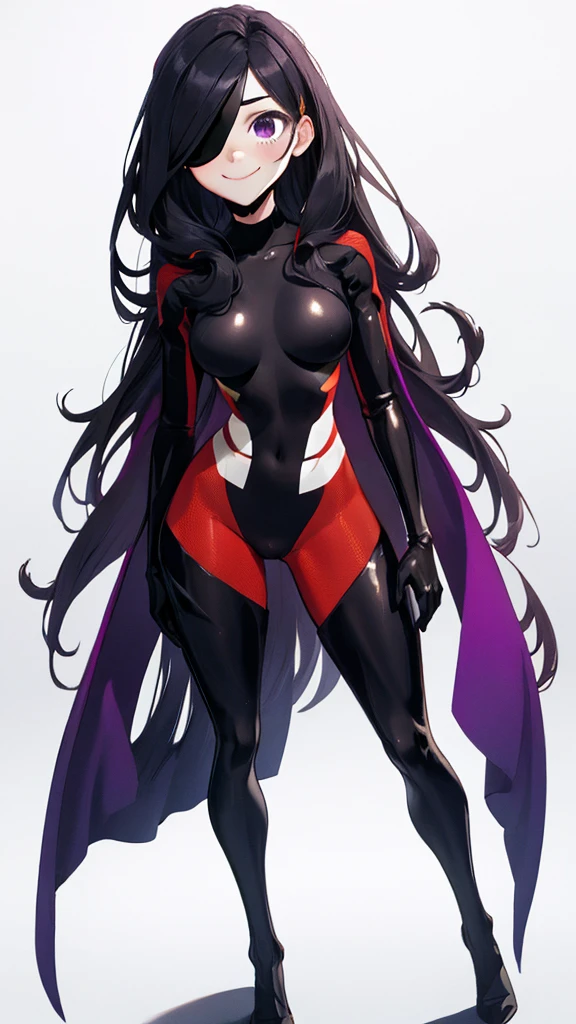 (full body),masterpiece, highest quality, One girl, Violet Par, mask, Long Hair, Black Hair, Hair on one eye, (Hero Suit),Bodysuits,Thick thighs,Place one hand on hip,upright,View your viewers, smile, Simple Background