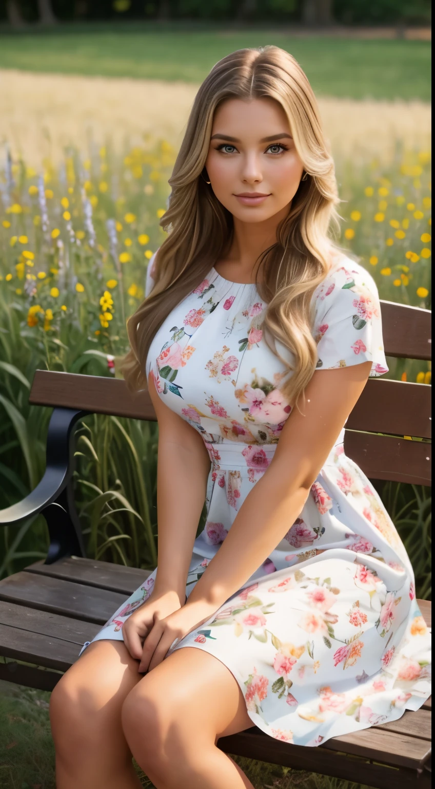 Foto hiperrealista en primer plano de Emily Sears, masterpiece, best quality, (photorealistic:1.4), full body, (floral midi midi church dress with short sleeves with round neck:1.1), brown sandals, she is sitting on the bench around is flowery meadow, summer evening, sunset, cinematic light, beautiful woman, skinny, large big breasts, straight blond hair, detailed face, smile, facing the camera, photo taken from a distance, age of 20 years old,