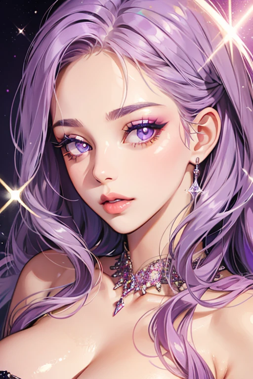 She is a with light purple eyelashes and skin, pupils, skin, and huge lips. SPARKLE; GLITTER