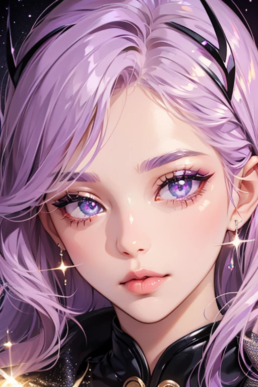 She is a with light purple eyelashes and skin, pupils, skin, and huge lips. SPARKLE; GLITTER