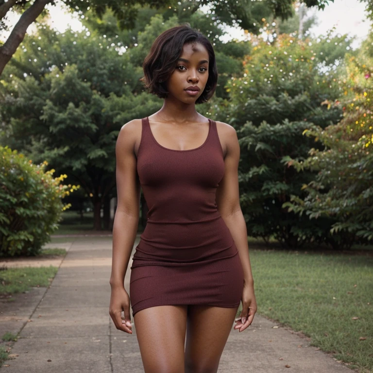 (a beautiful young black girl, well-built, with dark brown skin, brown eyes, short blonde hair, and thin, full lips, wearing a tight-fitting short red dress, standing in a park)